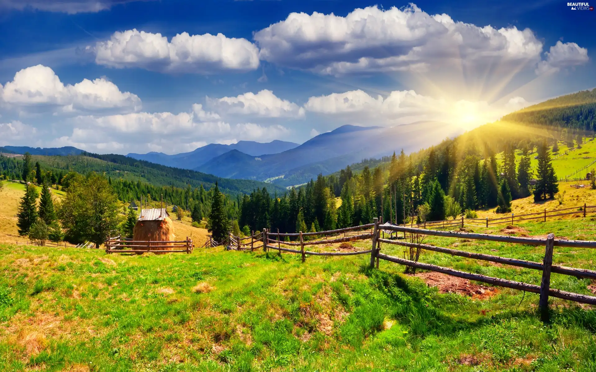 Mountains, medows, sun, clouds, rays, woods