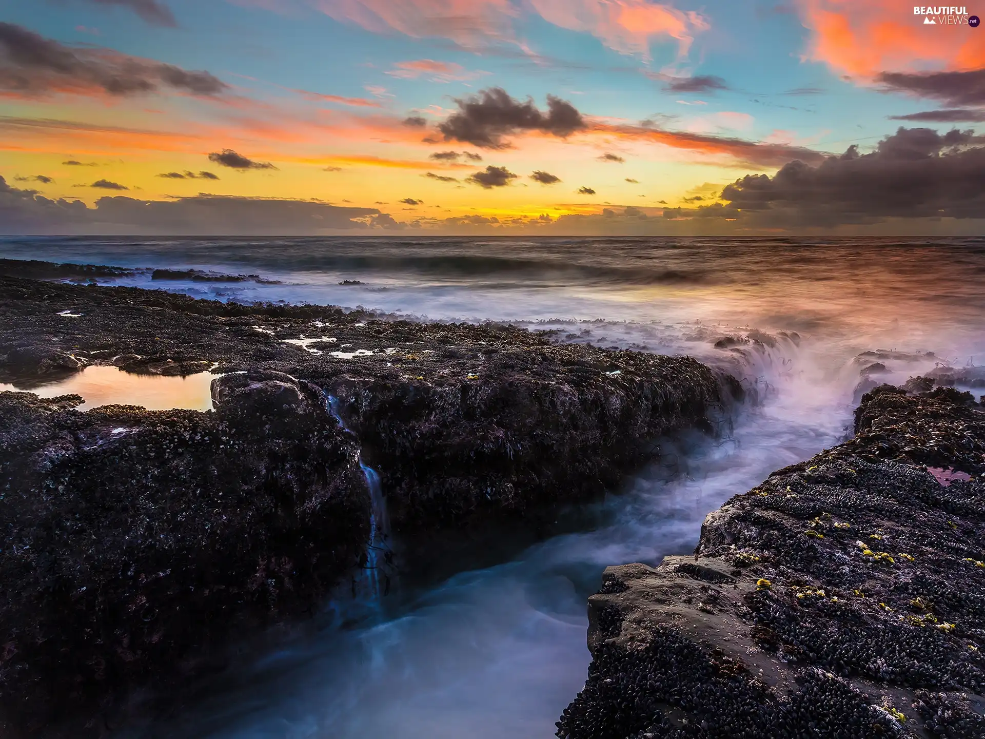 sun, coast, clouds, west, sea