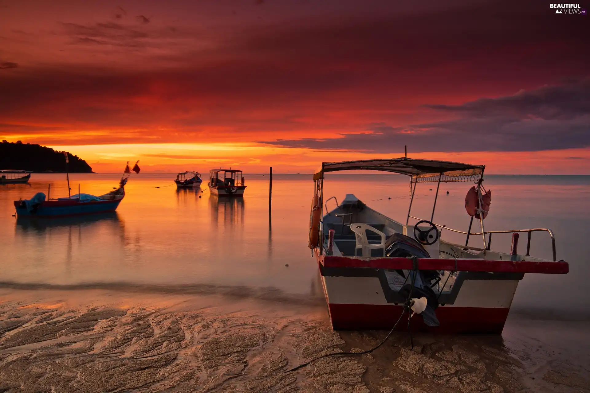 Coast, west, sun, Boats