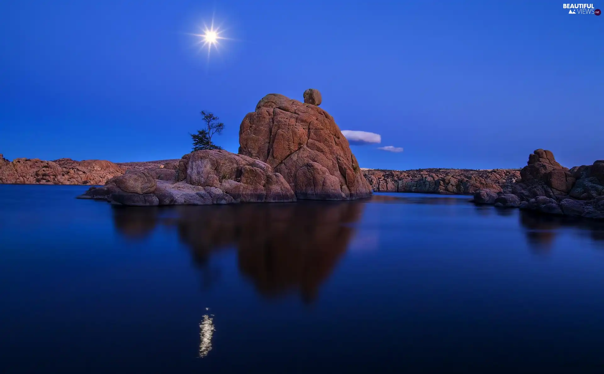 lake, rays, sun, rocks