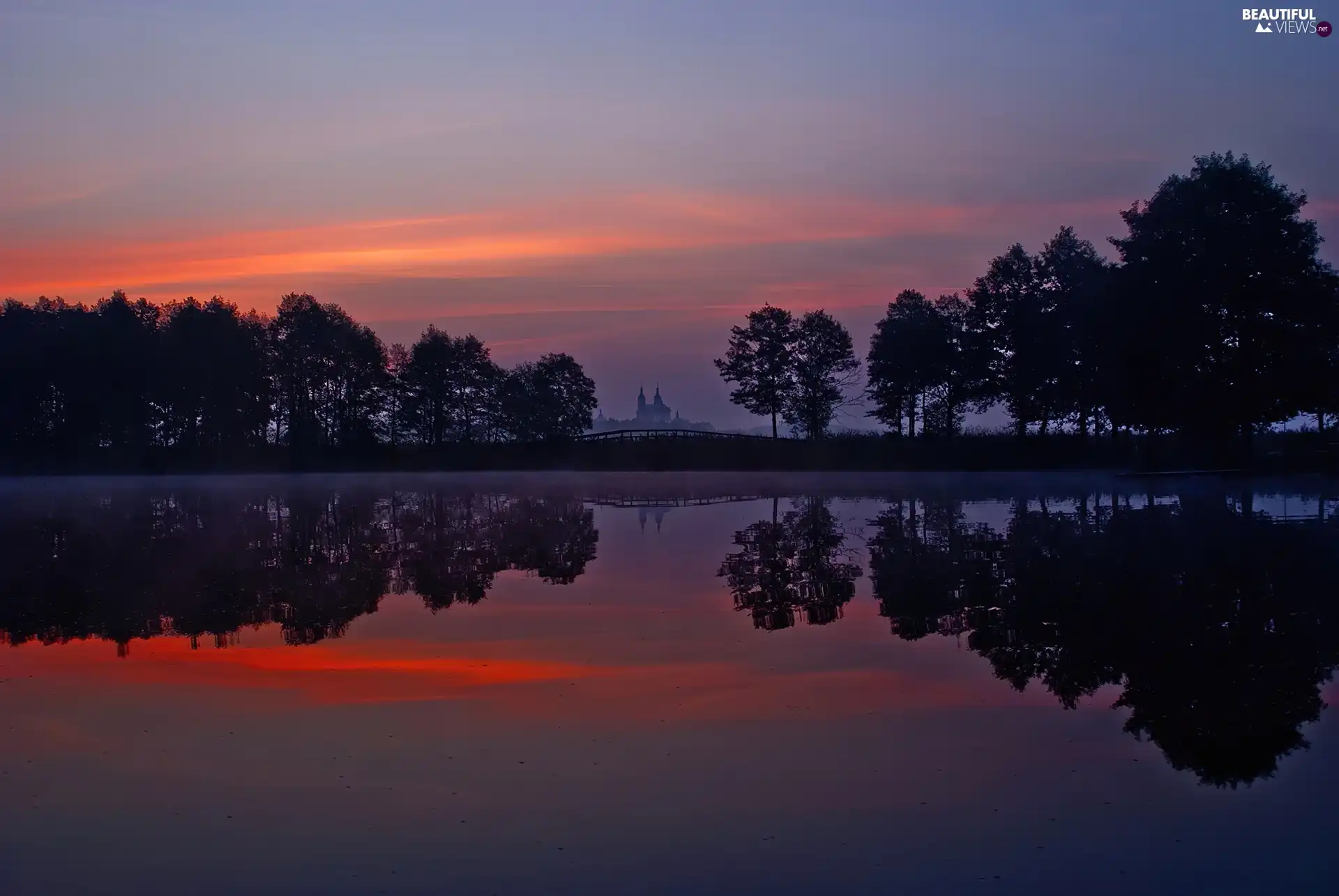 lake, The setting, sun, Leszczewek