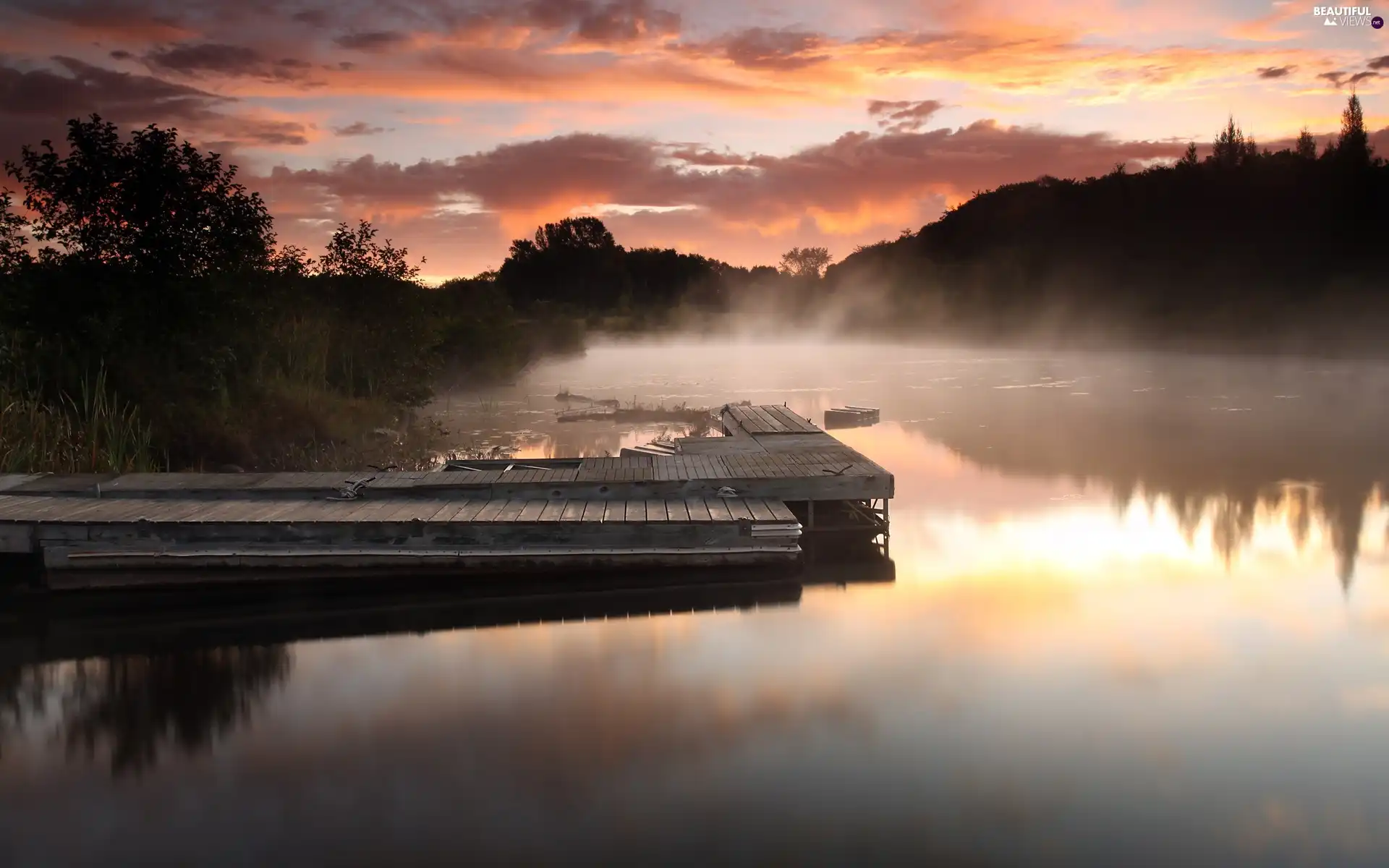 lake, west, sun, Fog