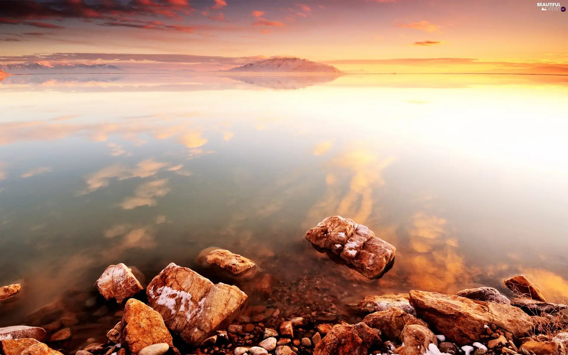 lake, west, sun, Stones