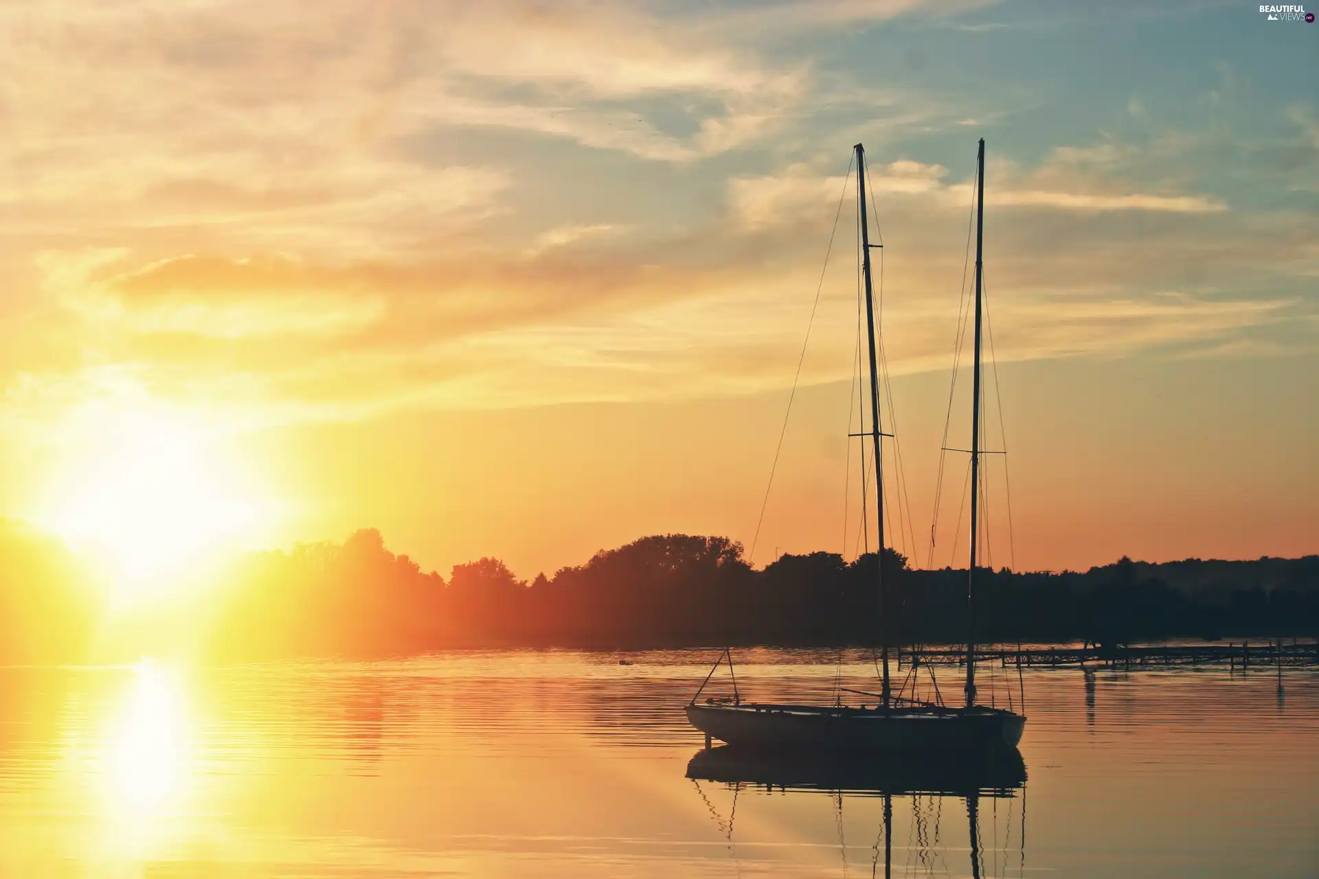 lake, west, sun, Yacht