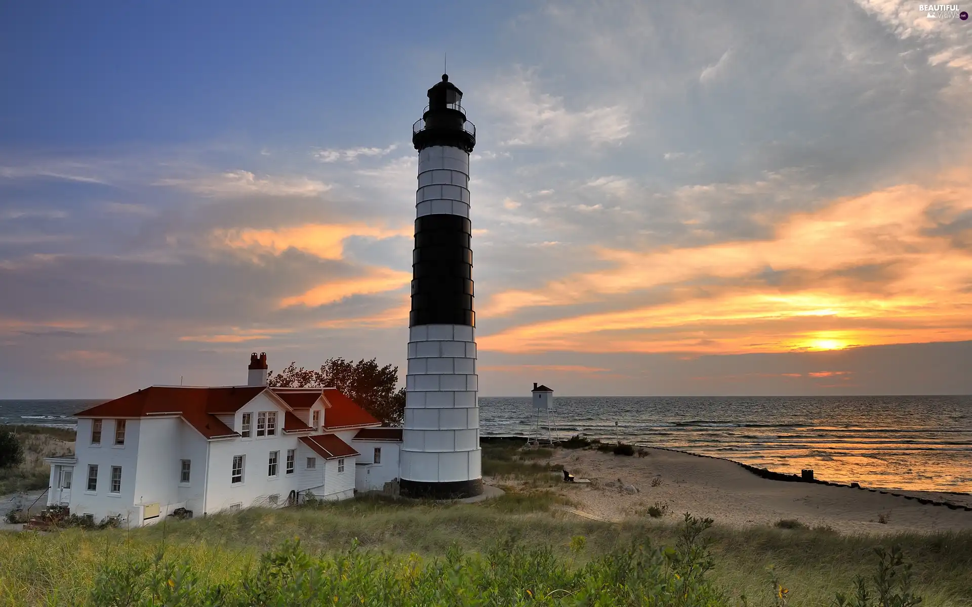 Lighthouse, west, sun, maritime