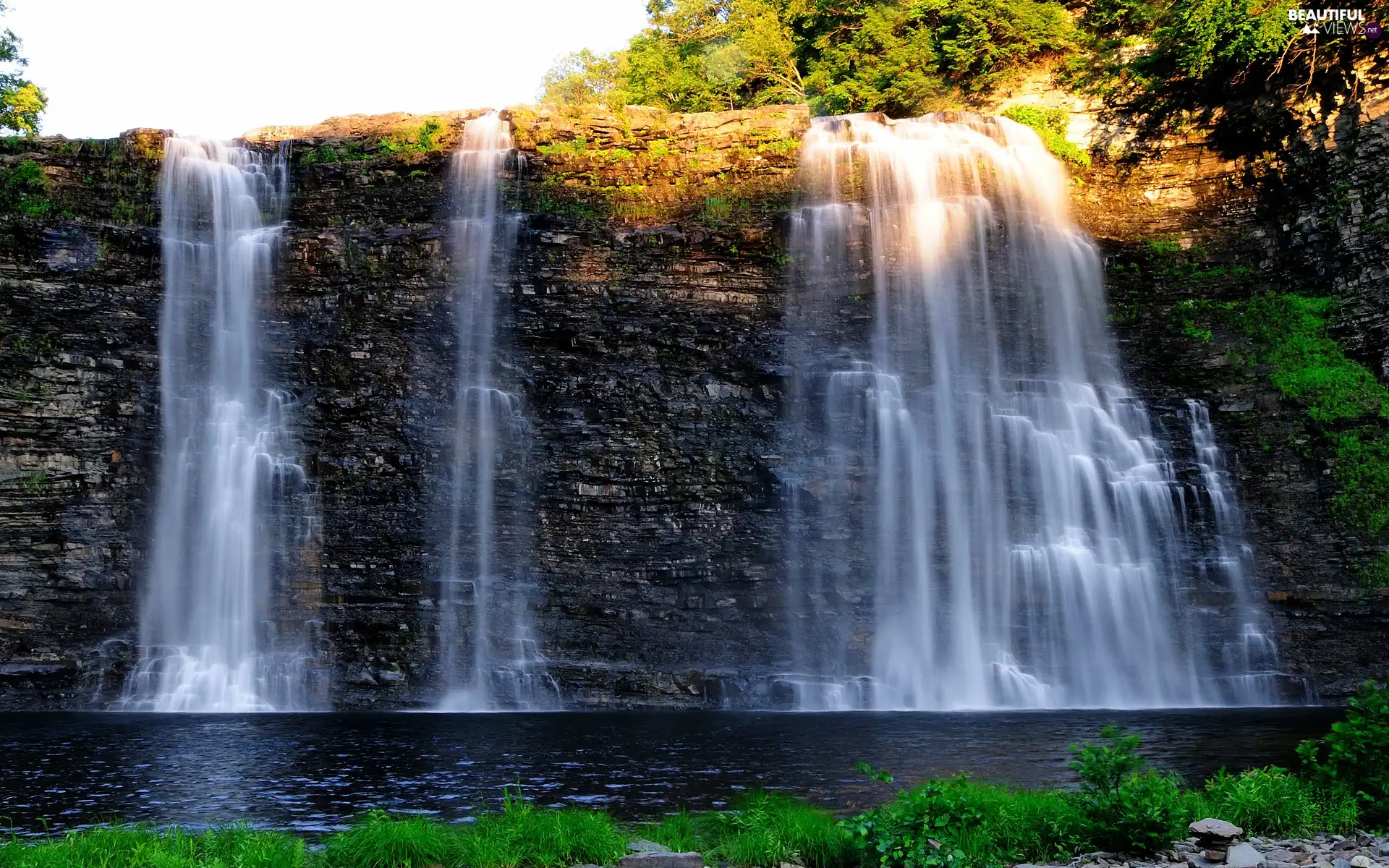 ligh, River, flash, Przebijające, waterfall, sun, luminosity