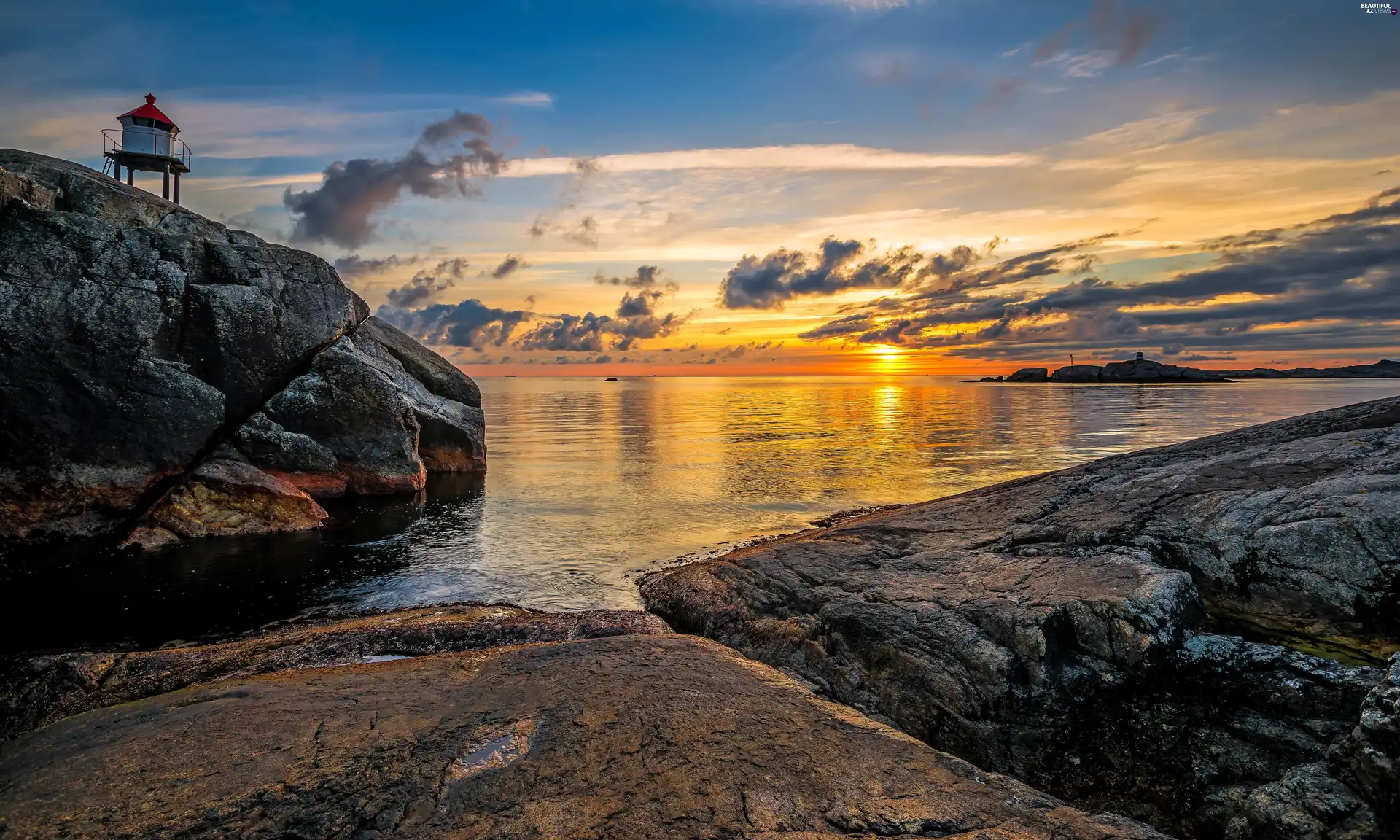 west, rocks, Lighthouse, clouds, sea, sun, maritime