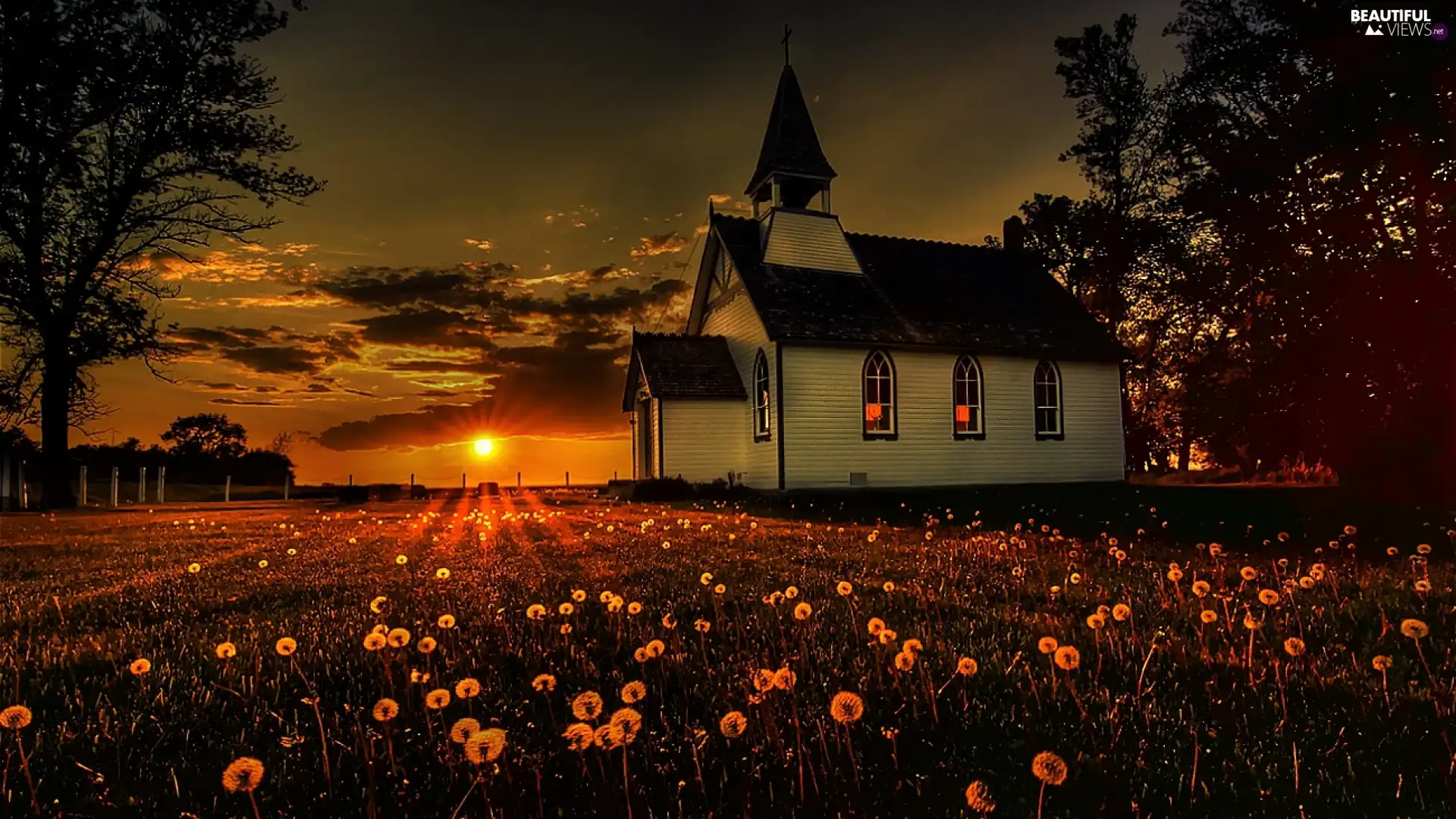 Meadow, west, sun, Church