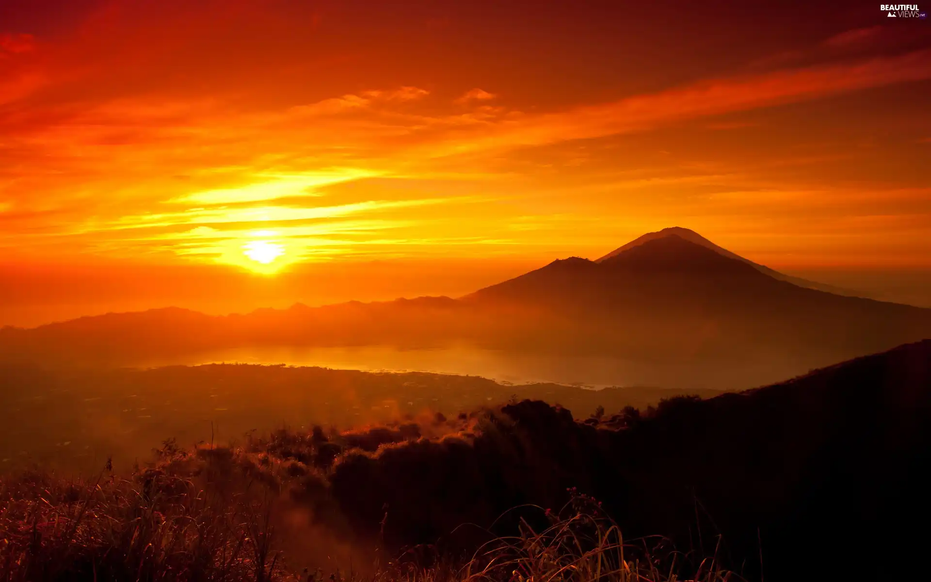 Mountains, west, sun, Red