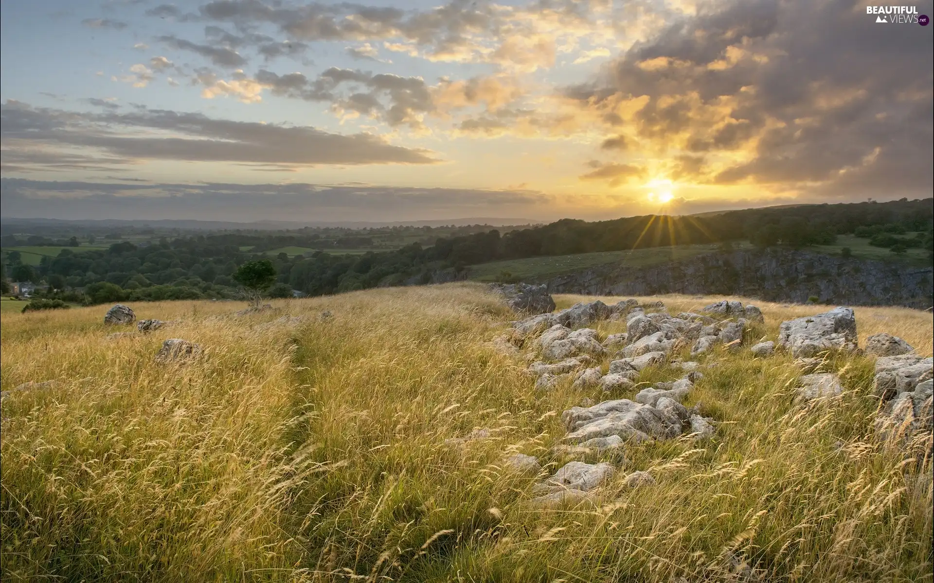 Stones, medows, sun, panorama, rays, rocks