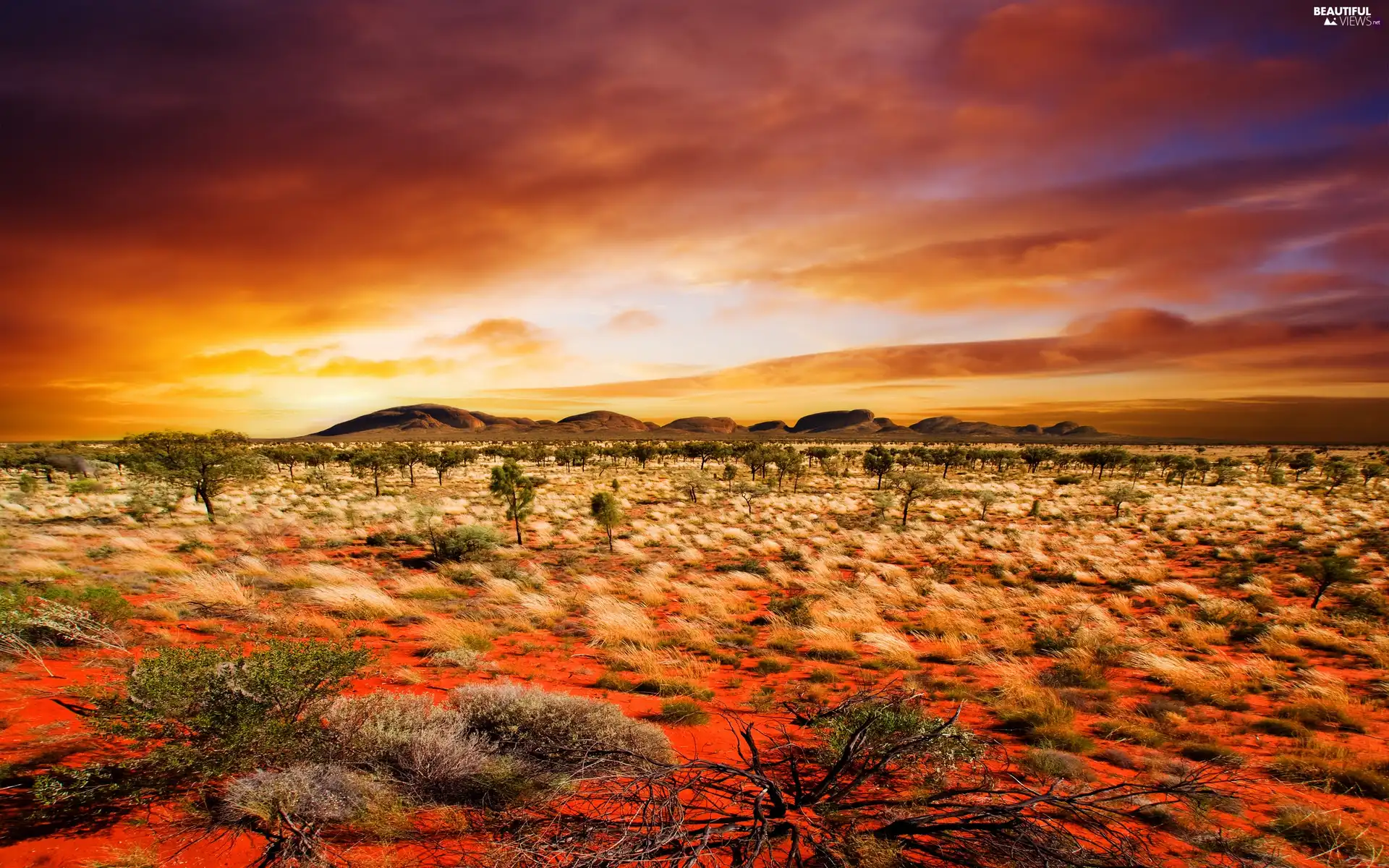 sun, prairie, Mountains, west, clouds