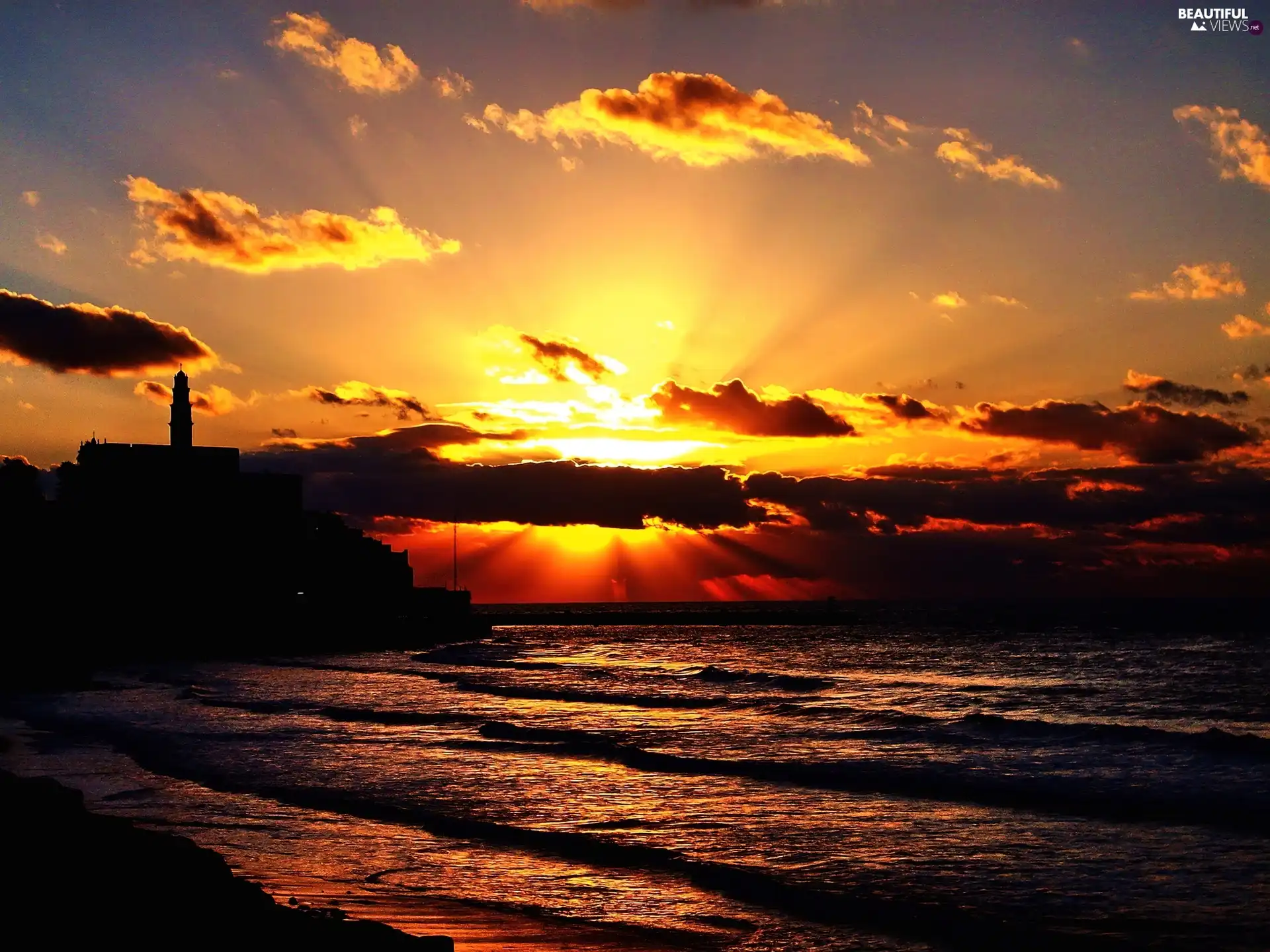 sun, rays, Waves, clouds, sea