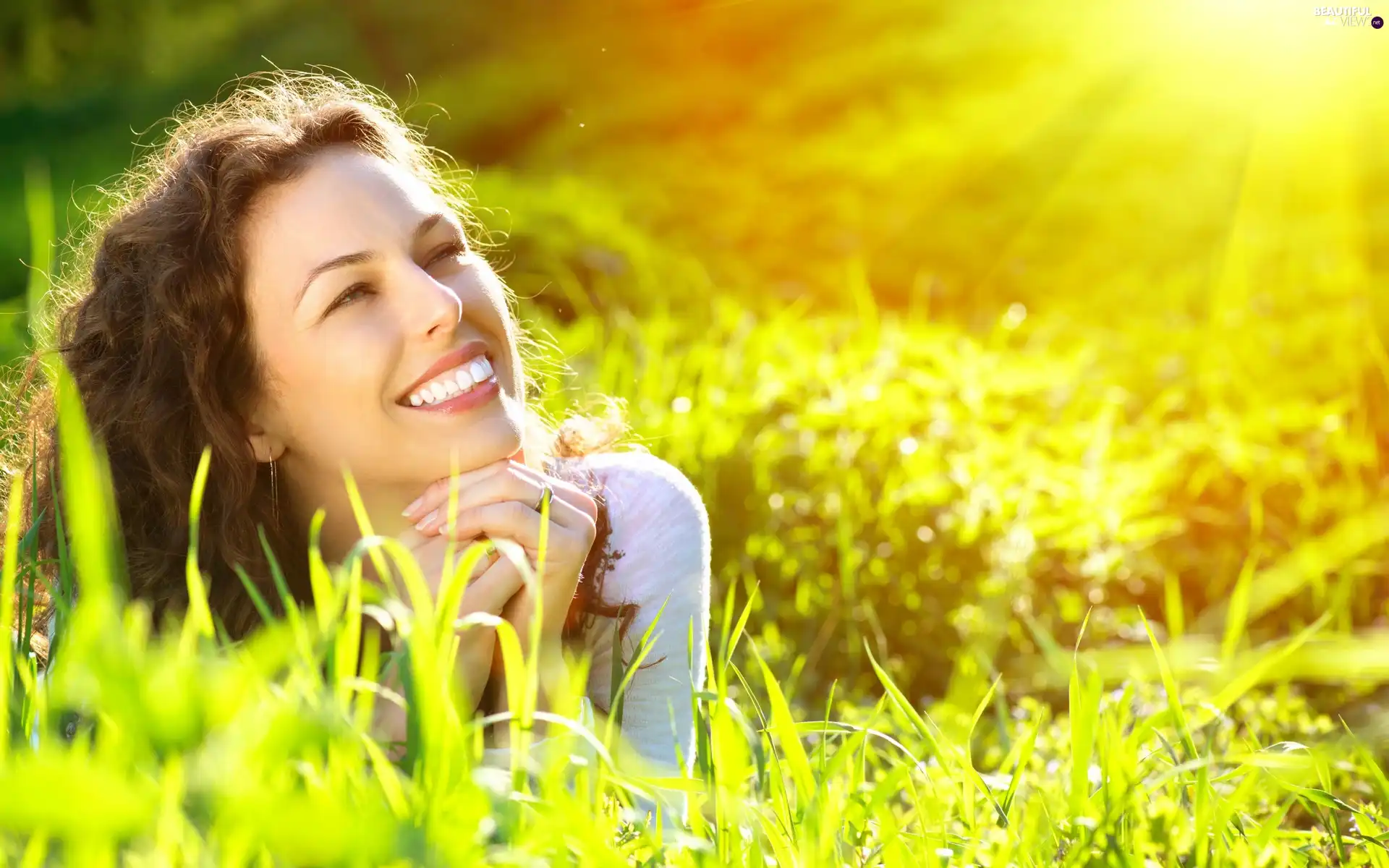 sun, relaxation, Meadow, rays, Women