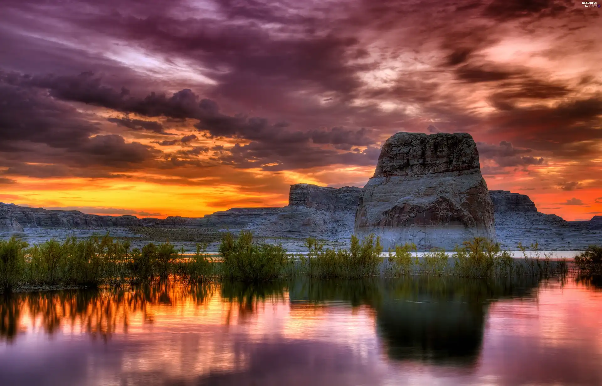 sun, rocks, clouds, west, lake