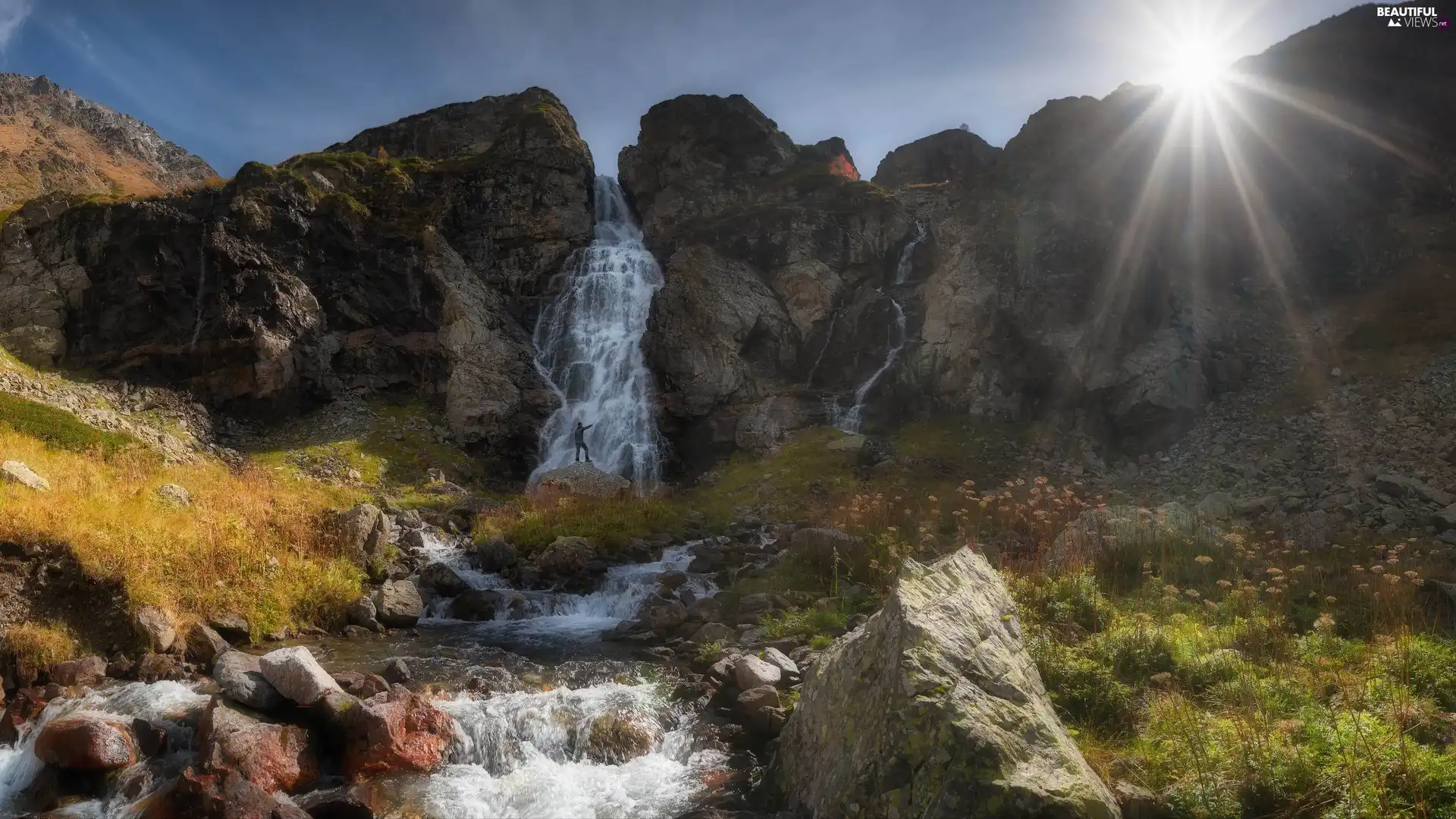 waterfall, Mountains, Plants, sun, River, rocks