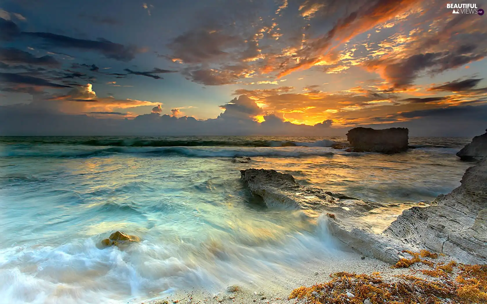 sun, rocks, Waves, west, sea