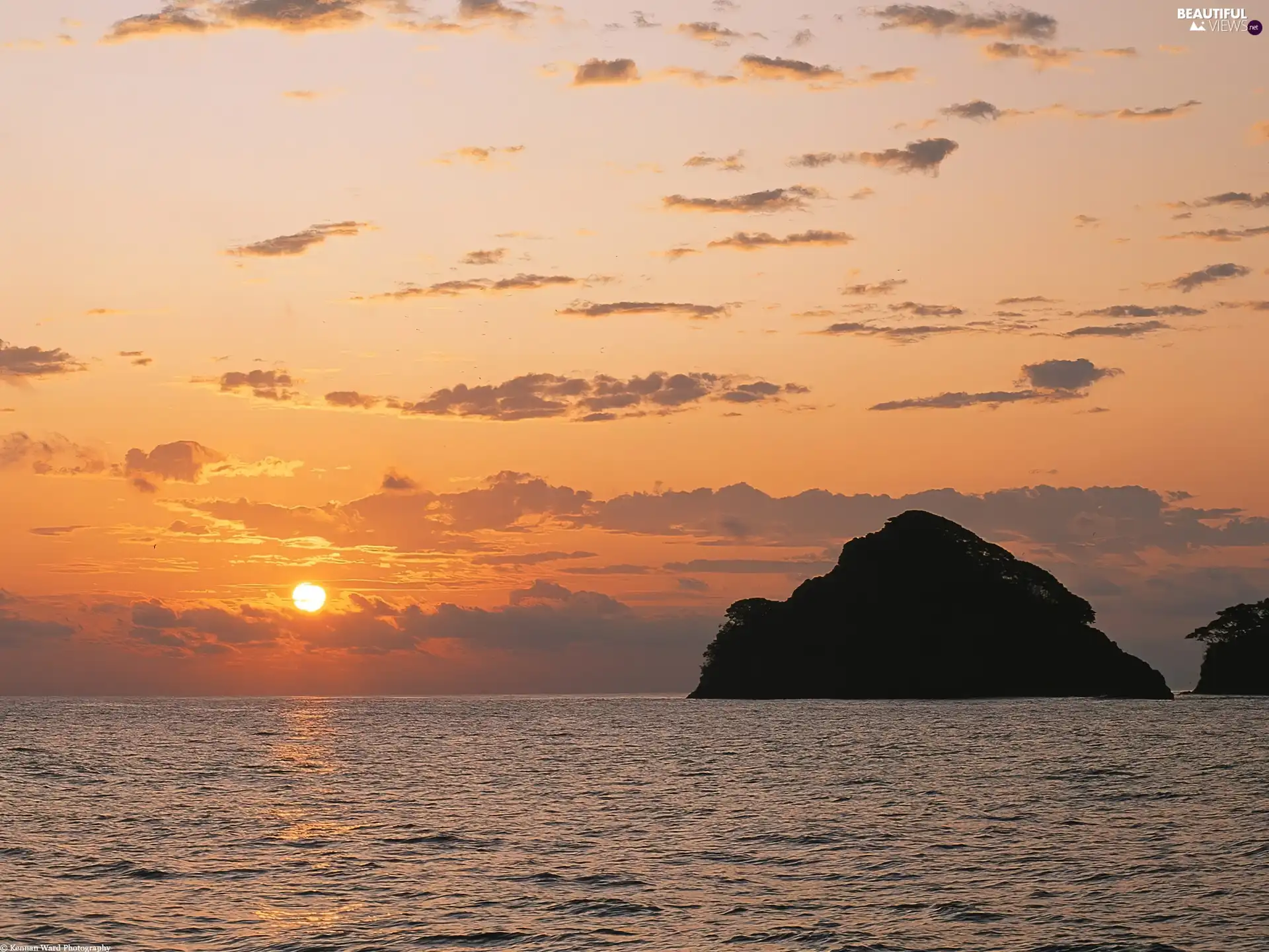 sea, west, sun, rocks