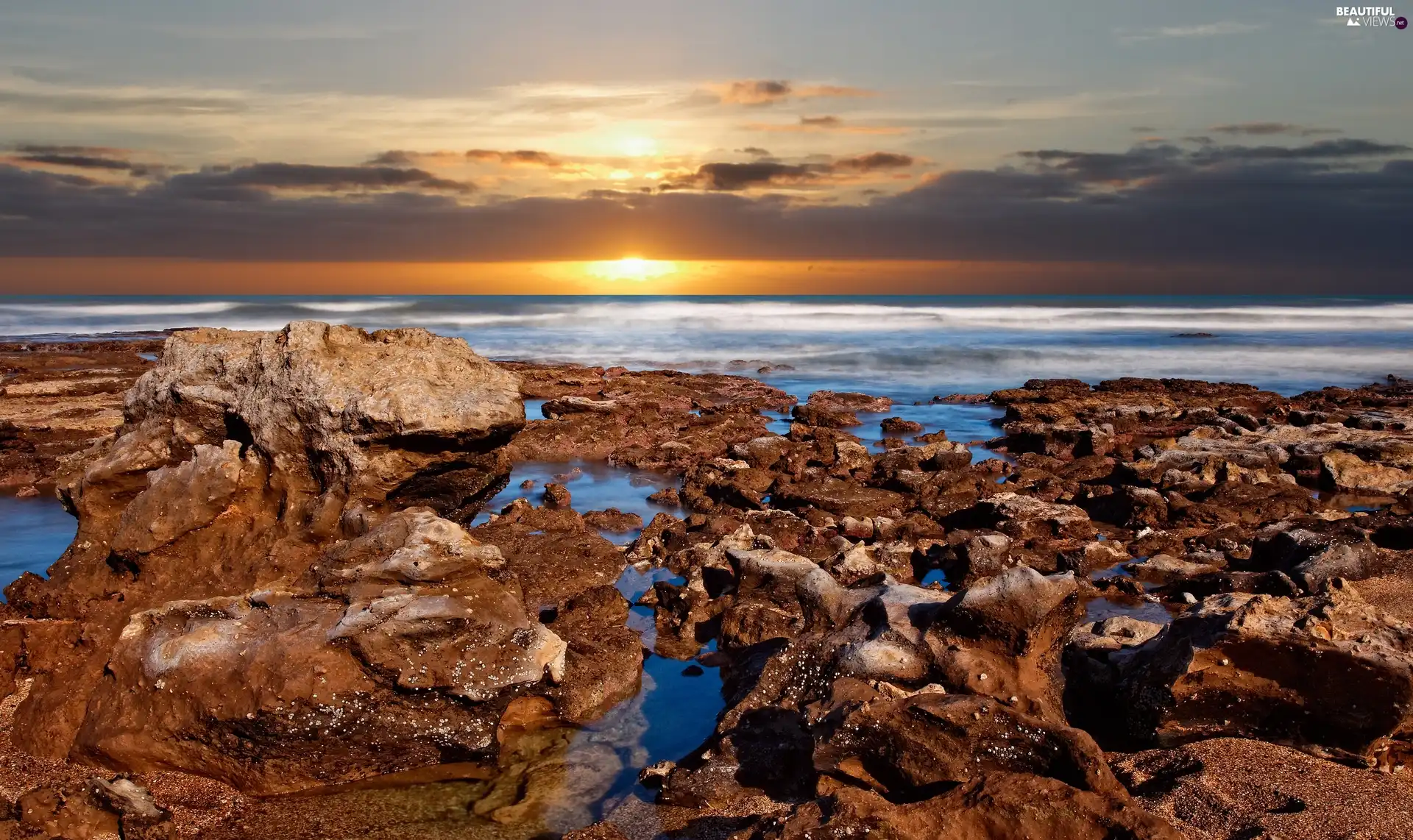 sea, west, sun, rocks