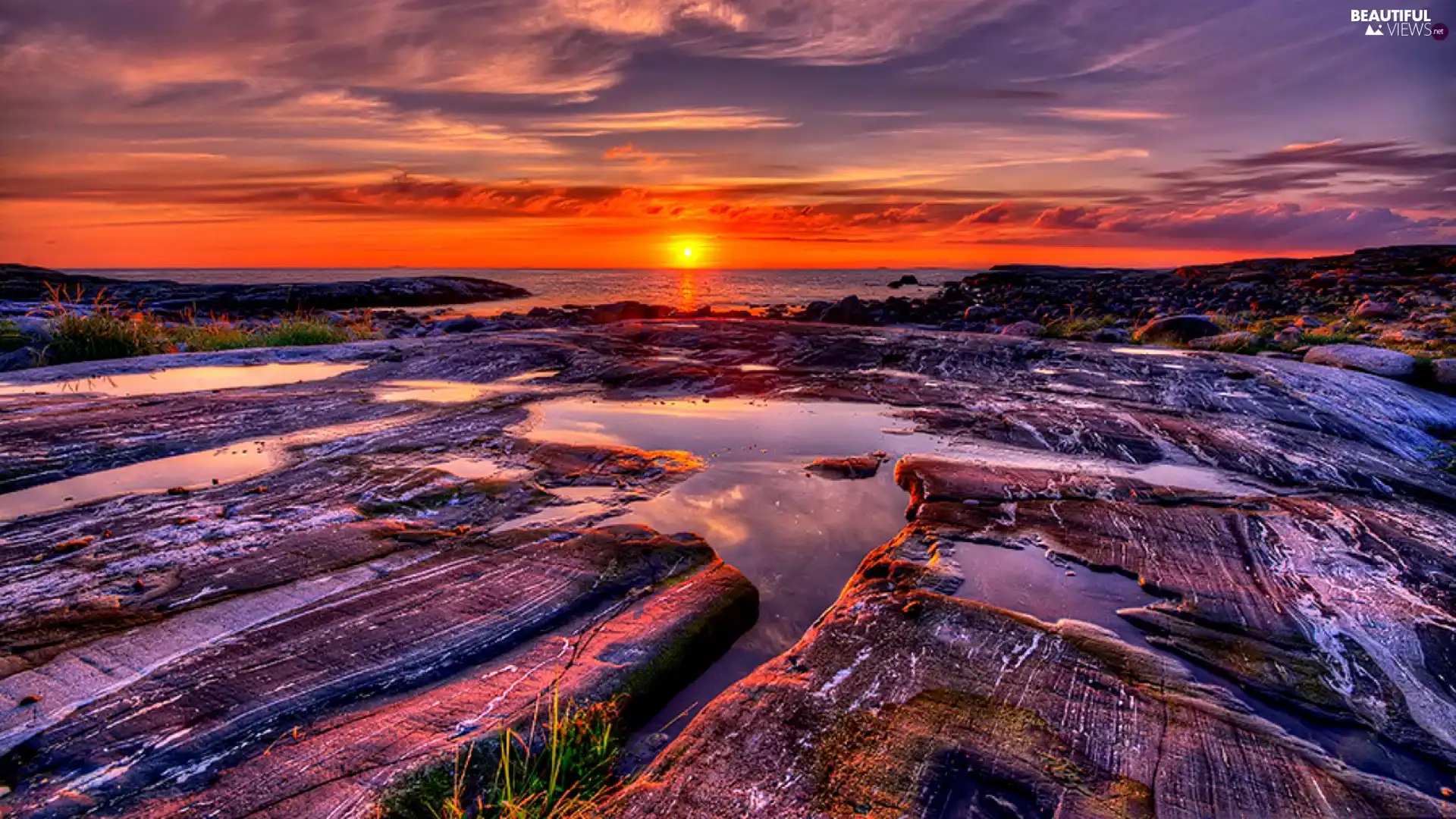 sea, west, sun, Stones