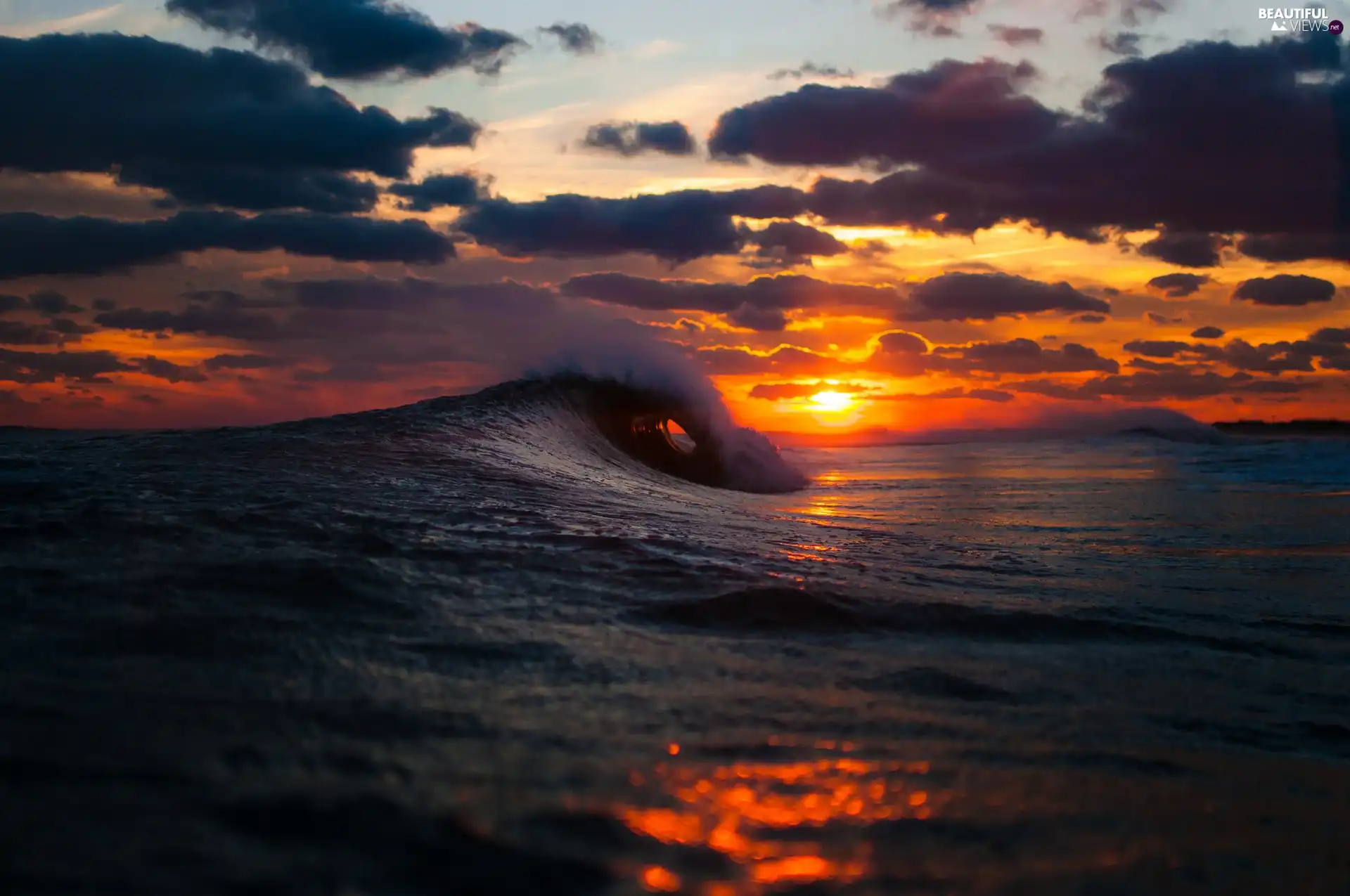 sea, west, sun, Waves