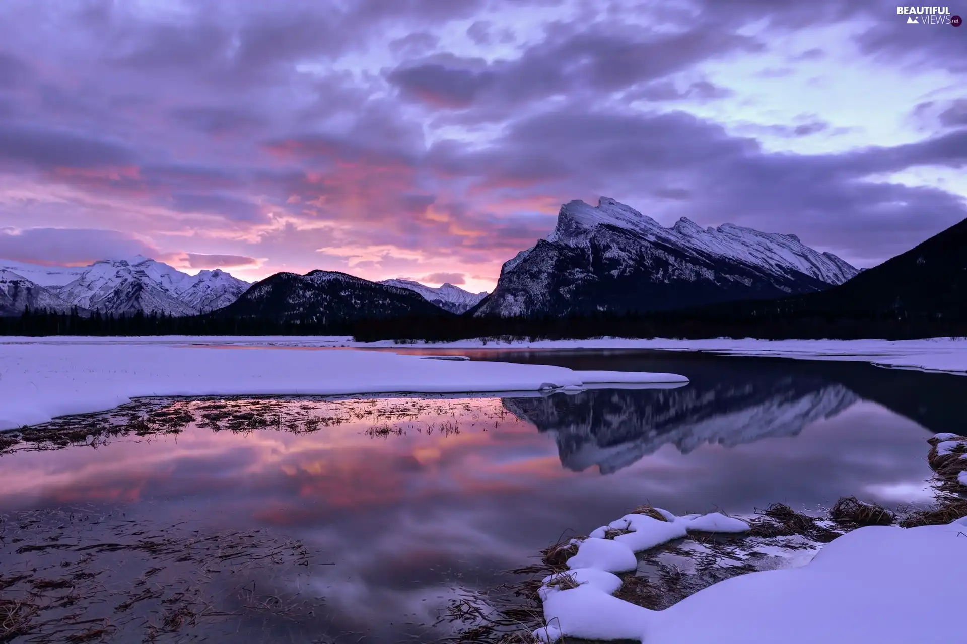 sun, snow, River, west, Mountains