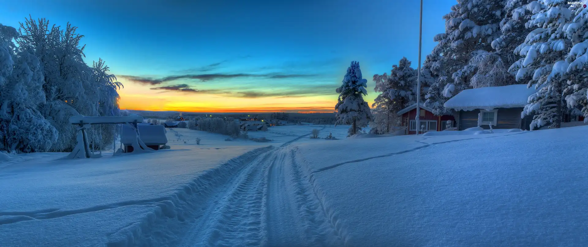 viewes, Home, sun, snow, west, trees