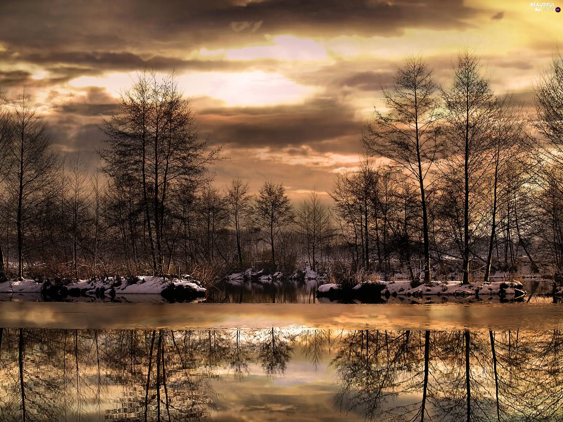 viewes, River, sun, snow, west, trees