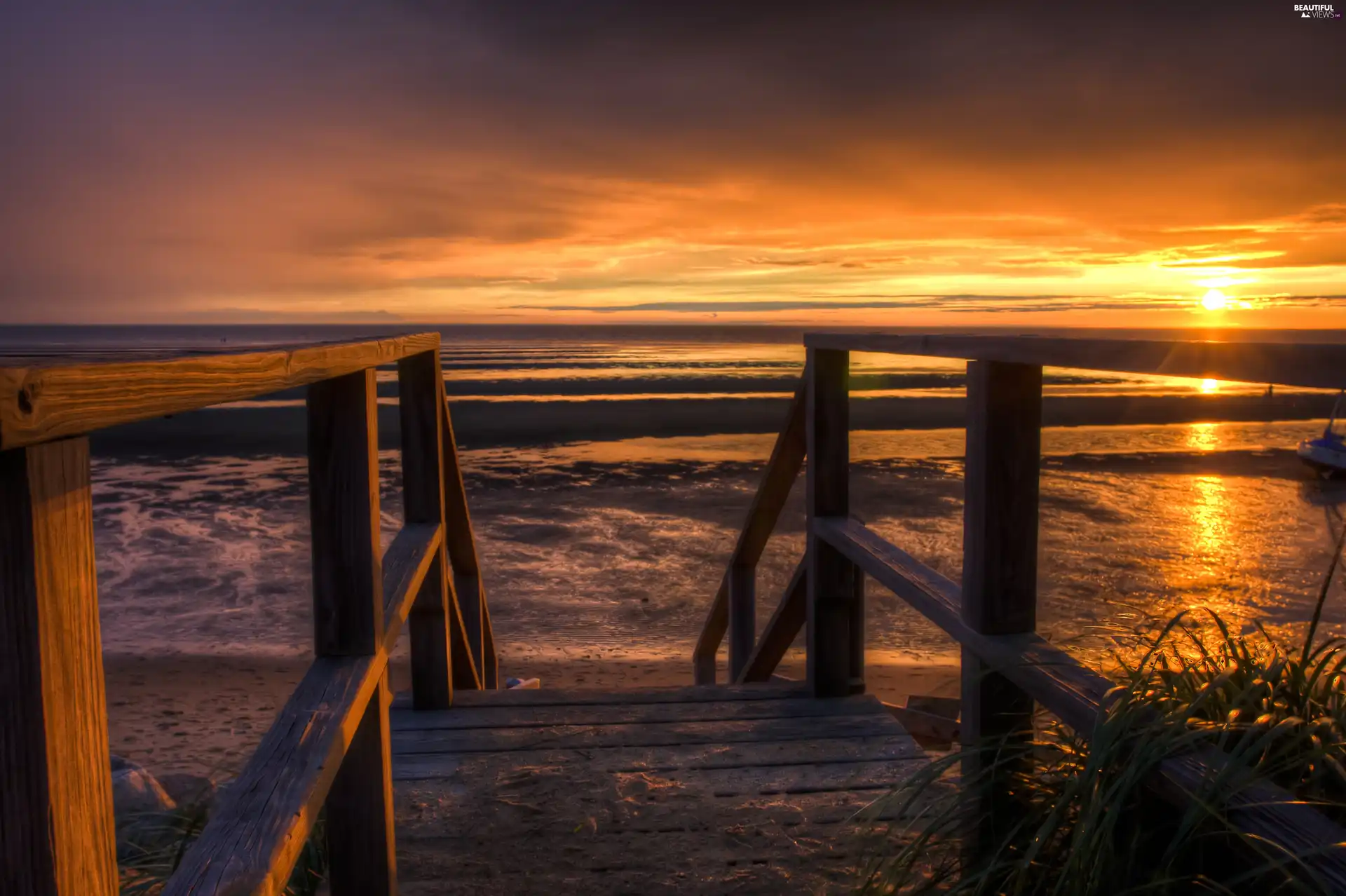 sun, Stairs, Beaches, west, sea