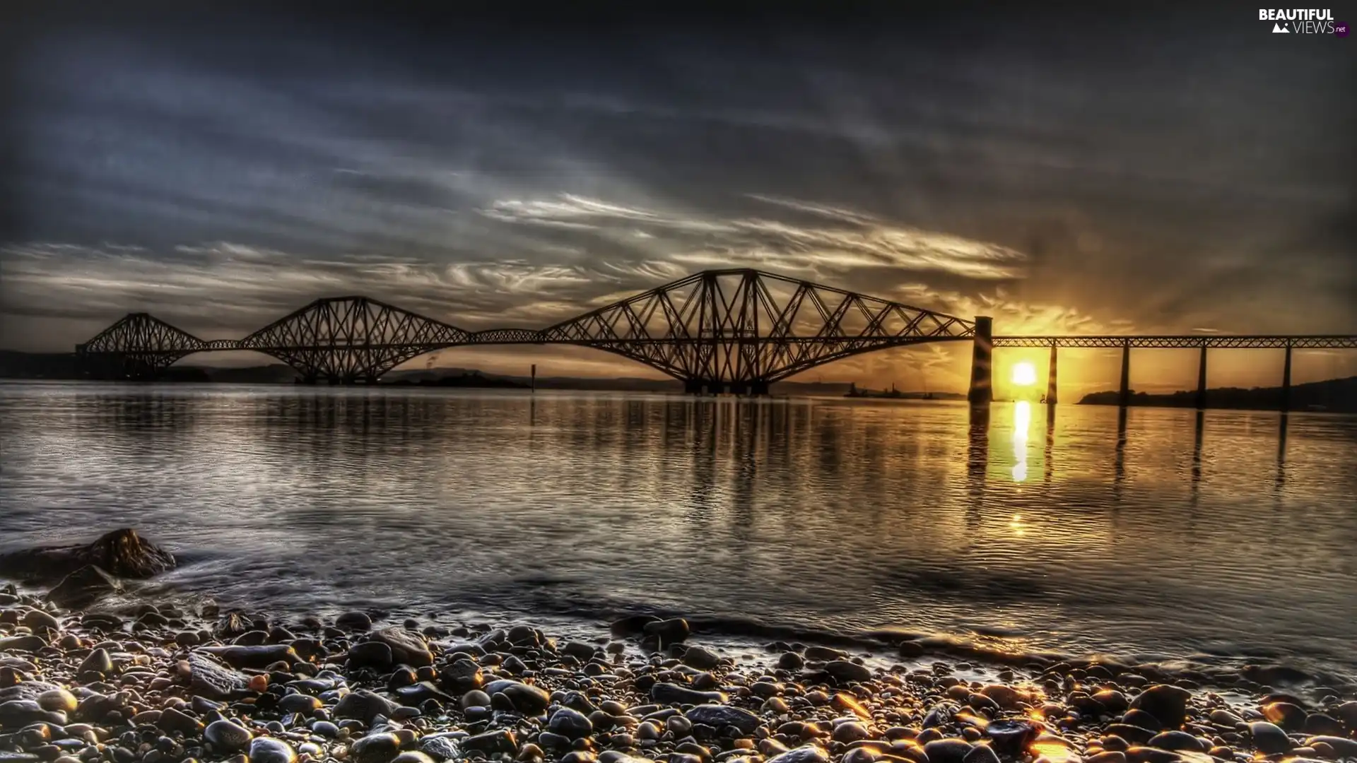 sun, Stones, River, west, bridge