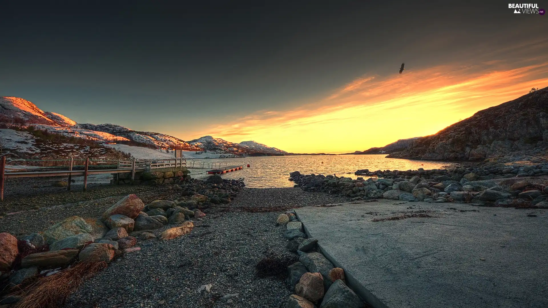 sun, Stones, Mountains, west, lake