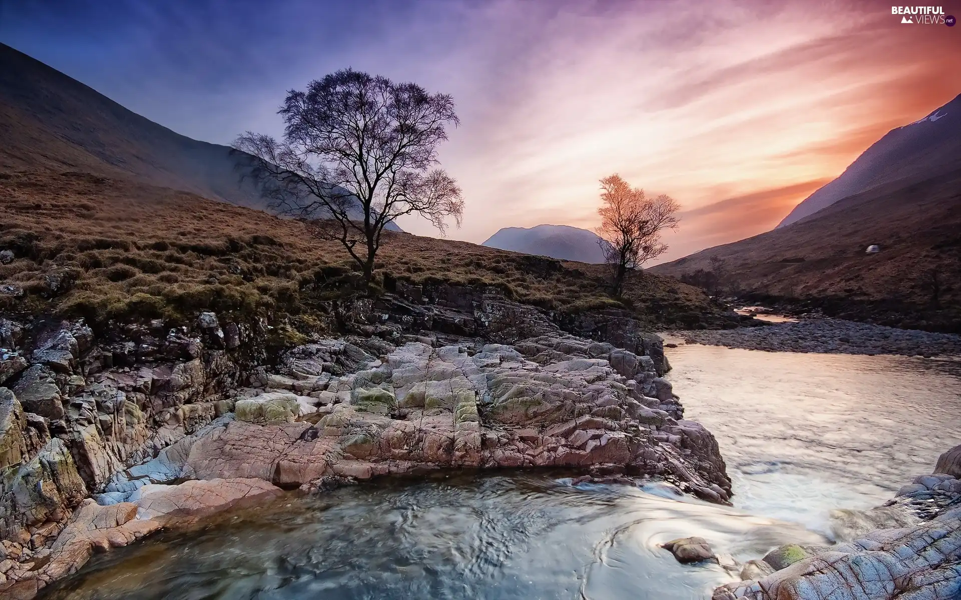 River, west, sun, Stones rocks