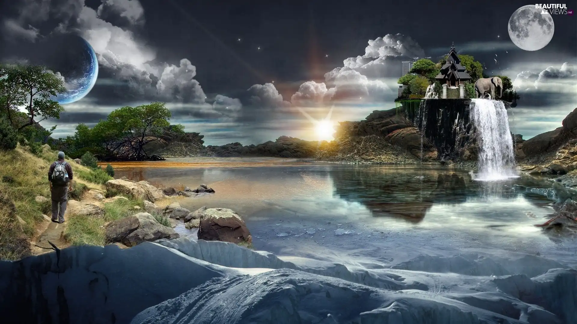 sun, River, tourist, waterfall, Rock Cottage, rays