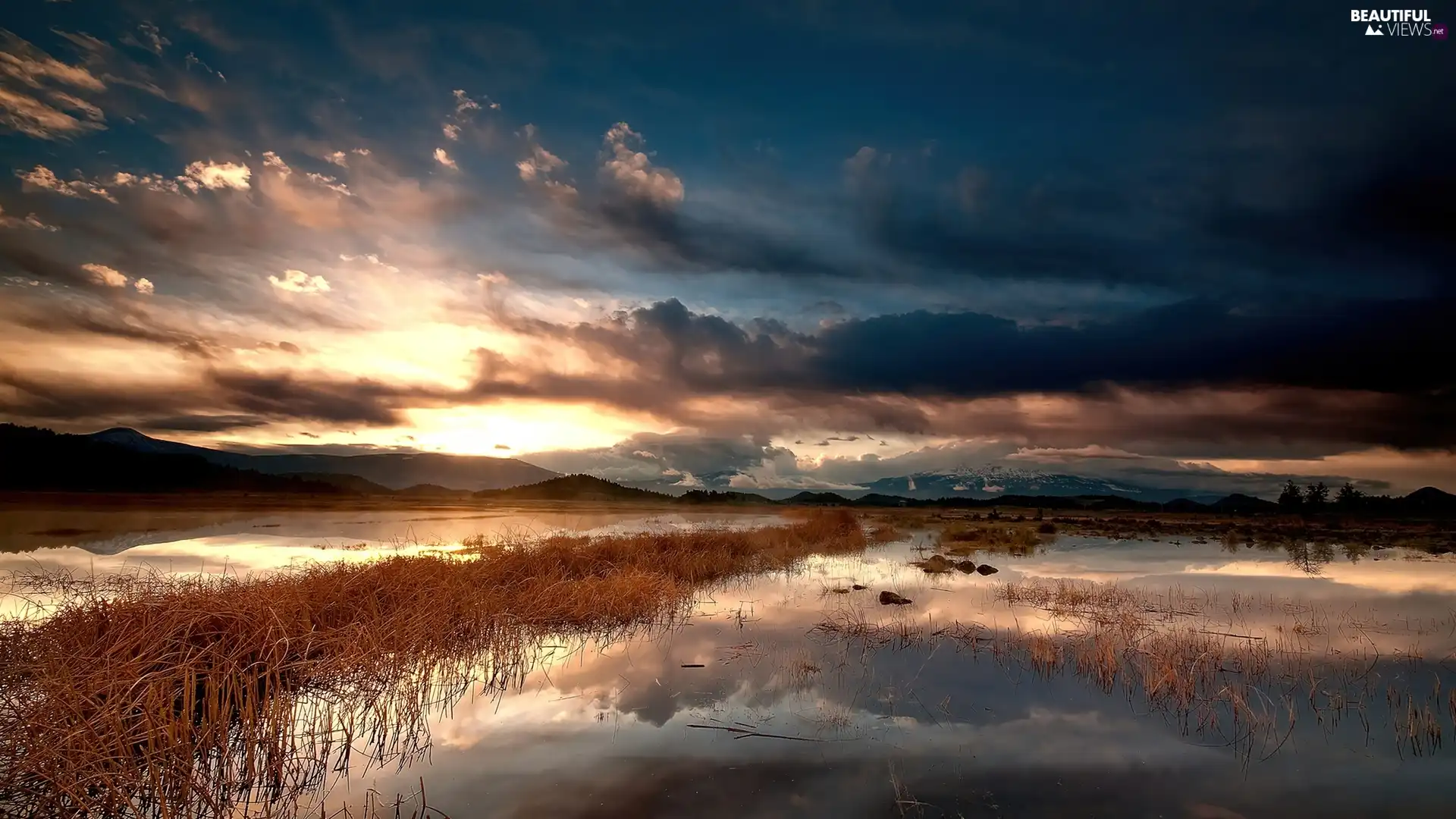 sun, water, Mountains, west, clouds