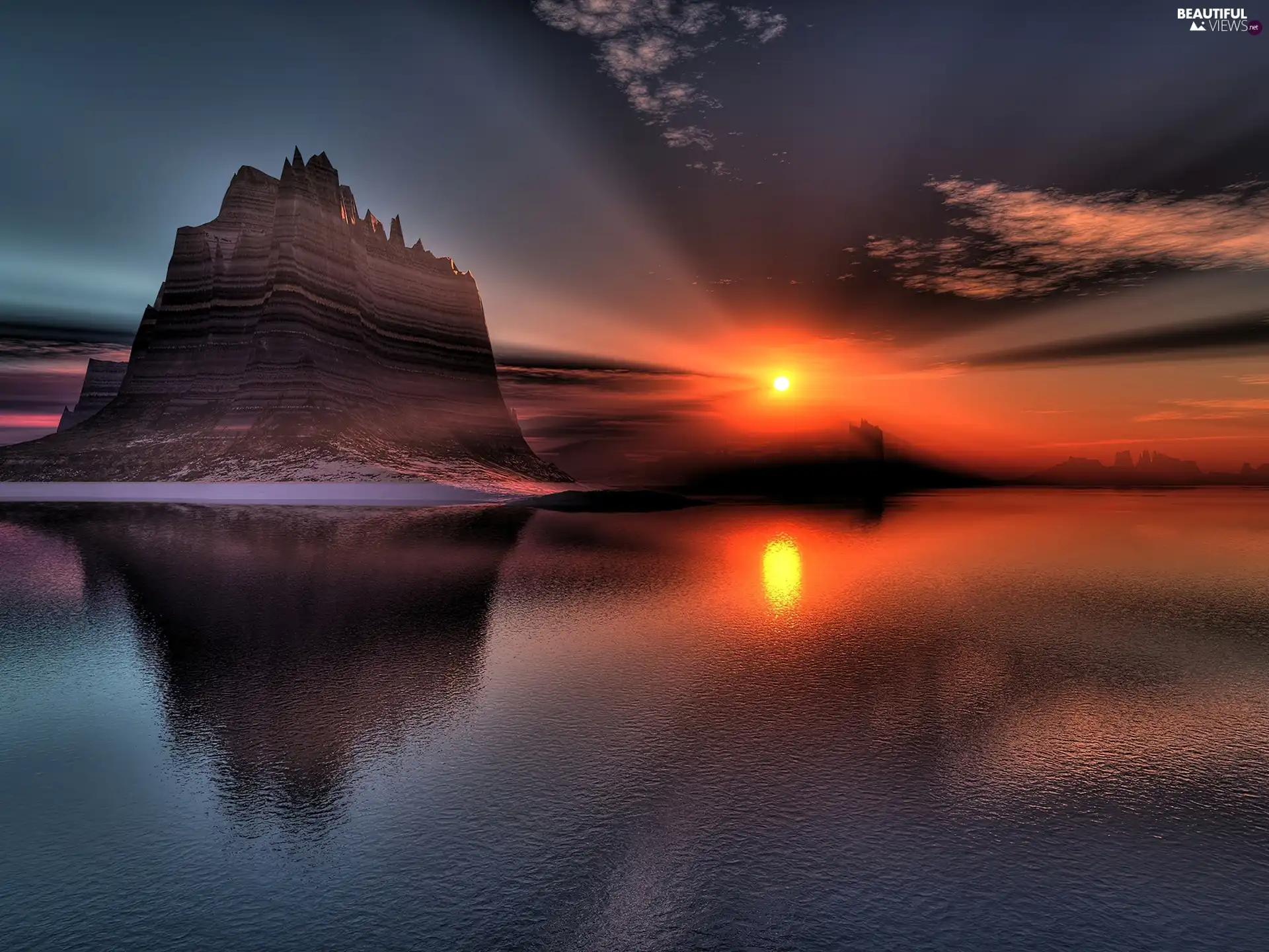 water, west, sun, Mountains