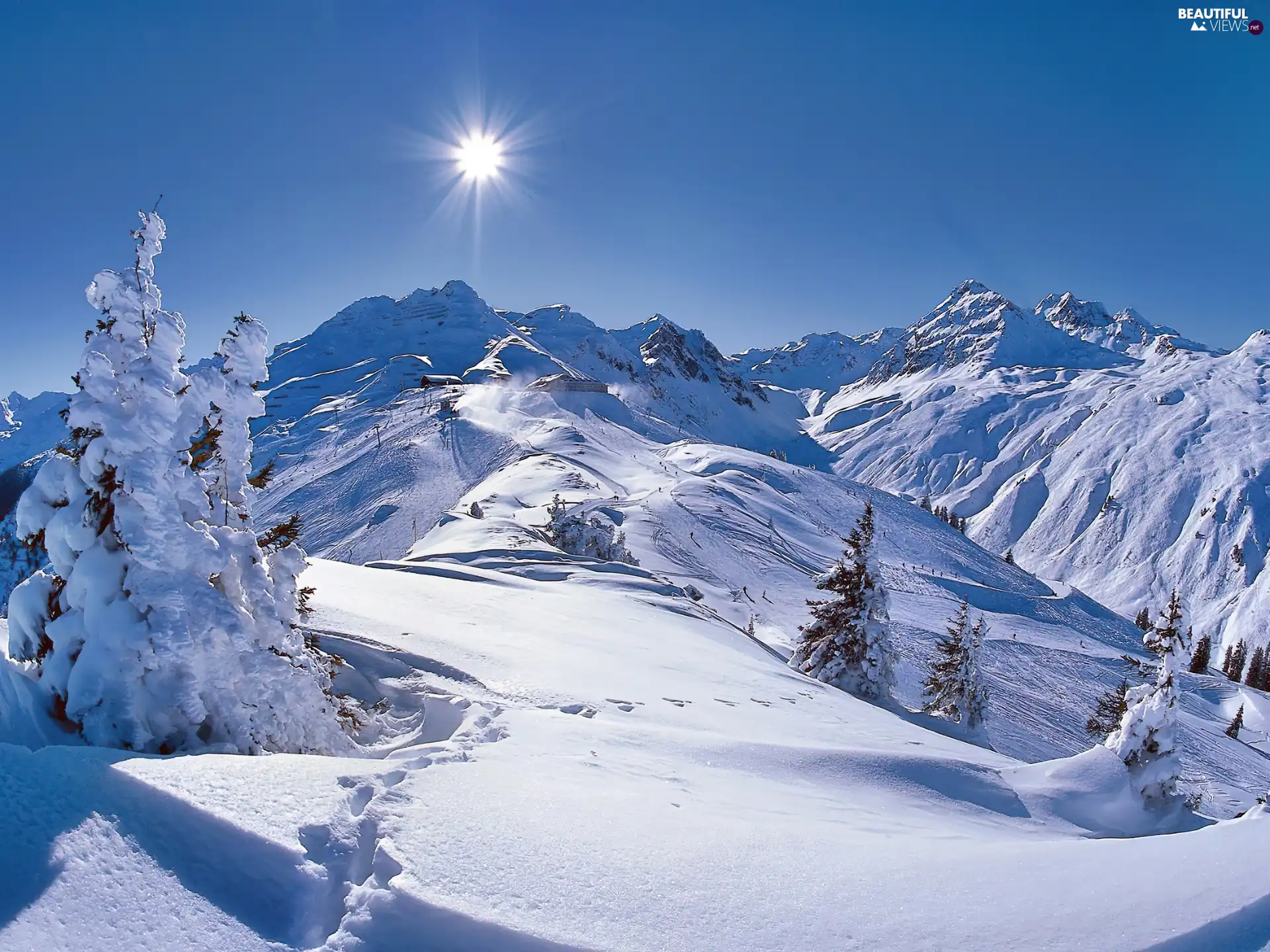 winter, rays, sun, Mountains