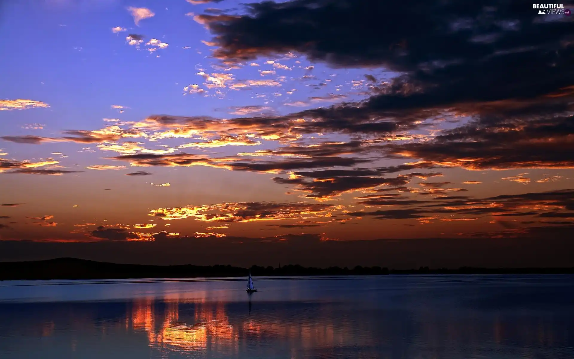 sun, Yacht, lake, west, clouds