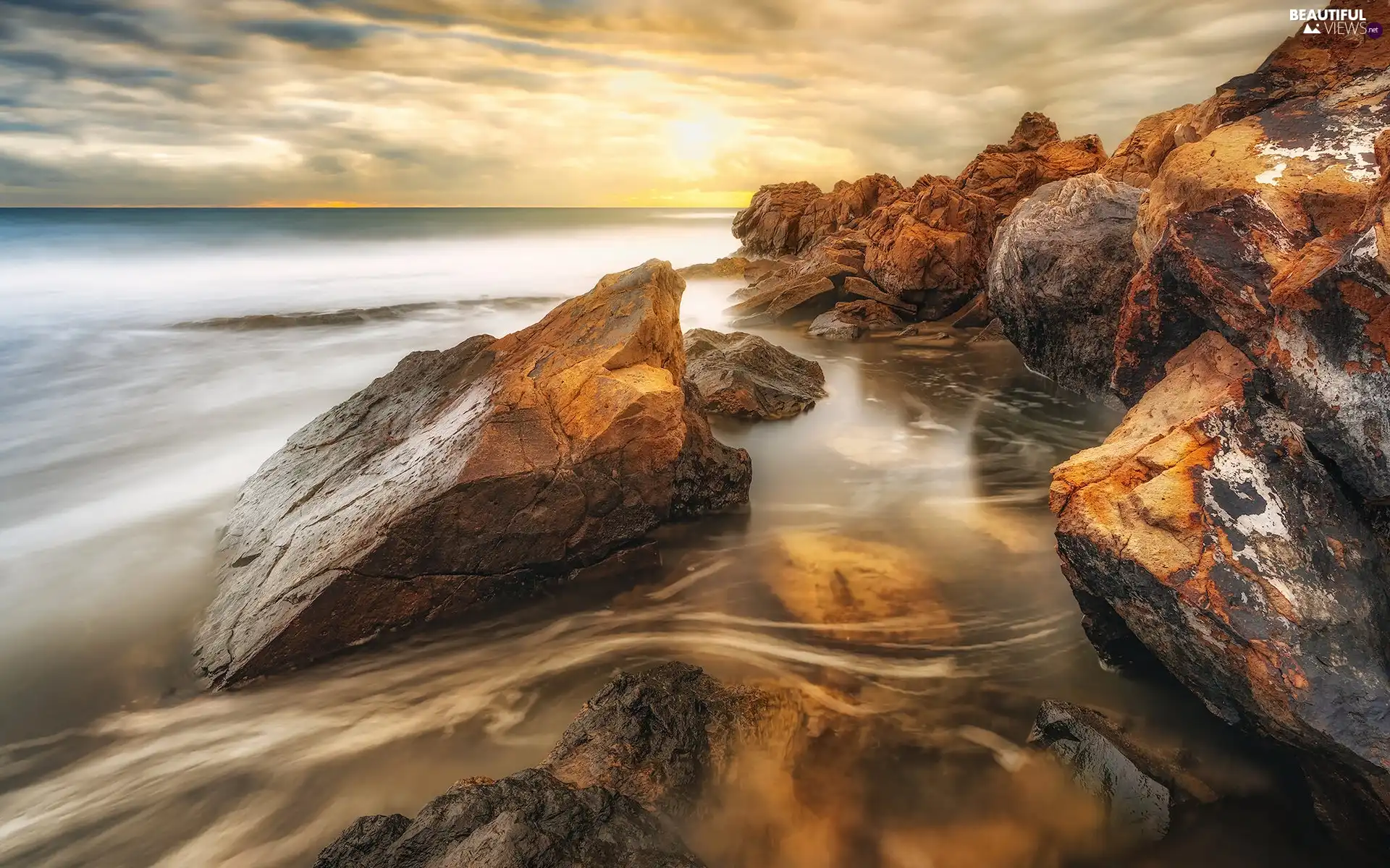 sea, Spain, Coast, Sunrise, rocks, Andalusia