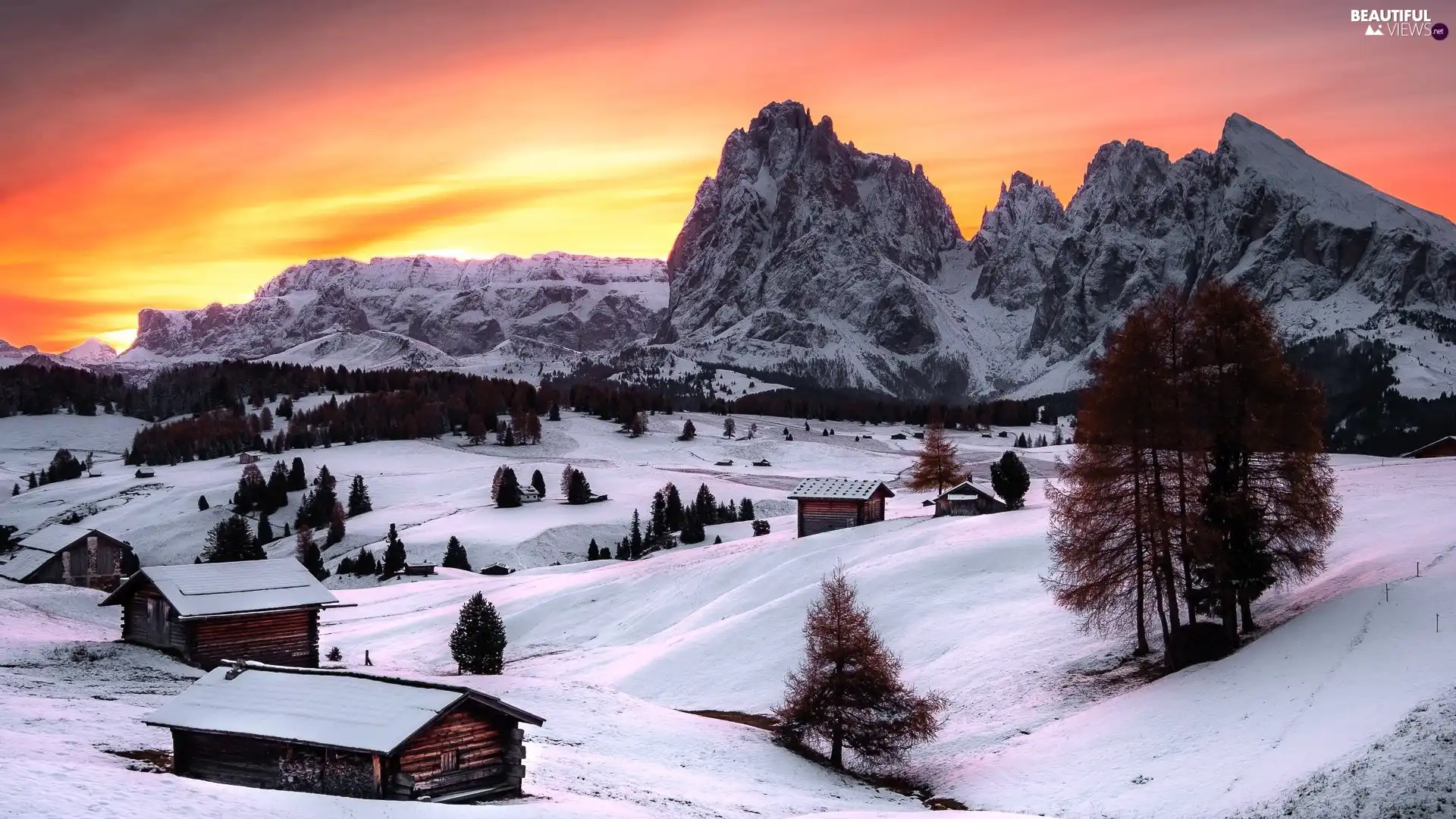 Dolomites, Italy, wood, Sassolungo Mountains, trees, Sunrise, winter, Val Gardena Valley, Seiser Alm Meadow, viewes, Houses