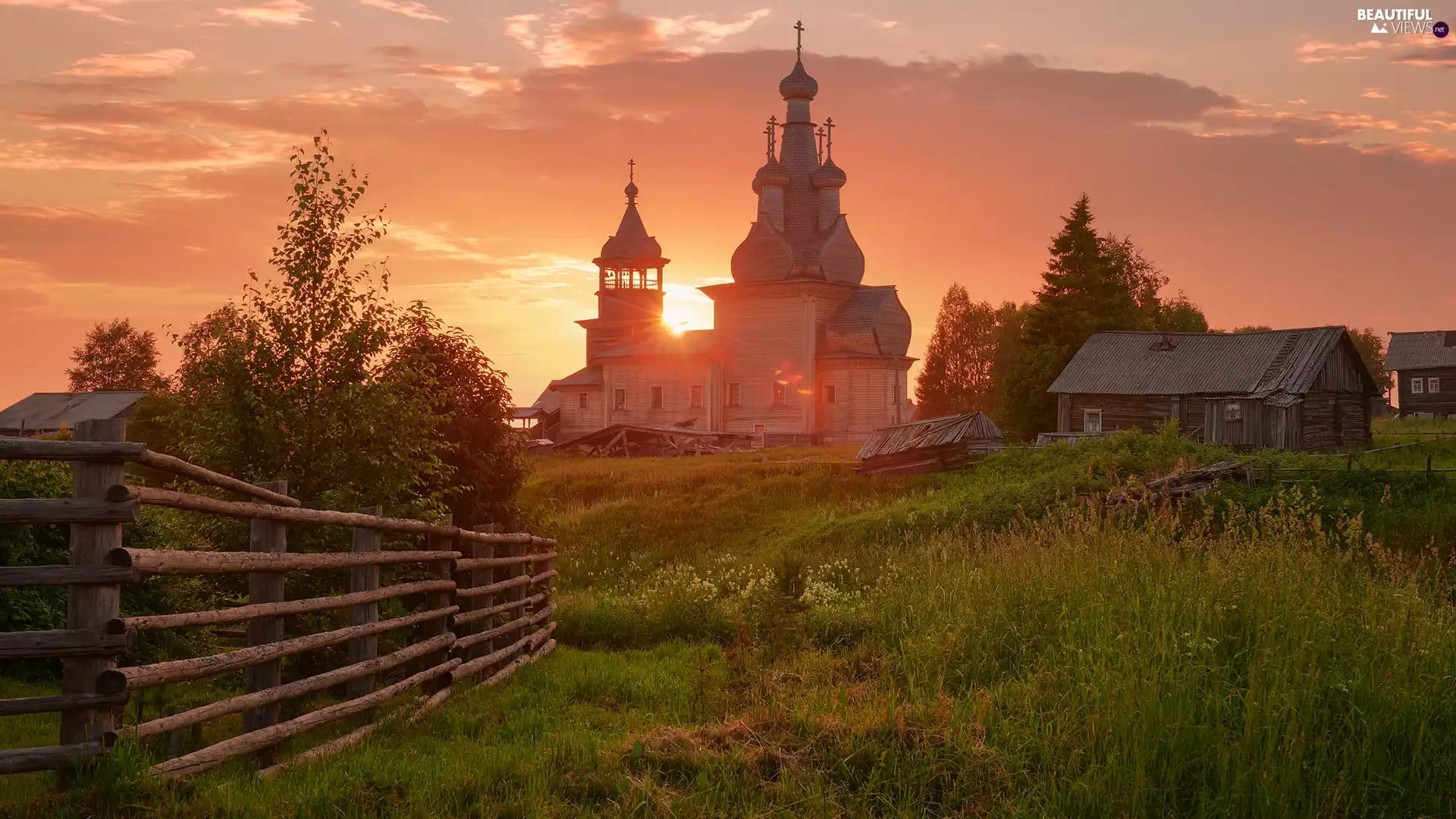 Fance, Sunrise, Houses, Meadow, Cerkiew