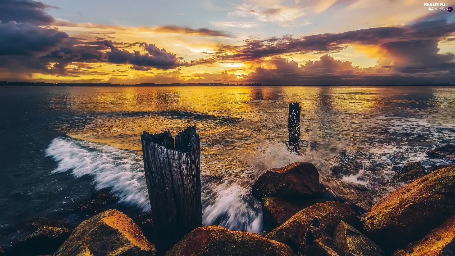 lake, Stones, Pale, Sunrise