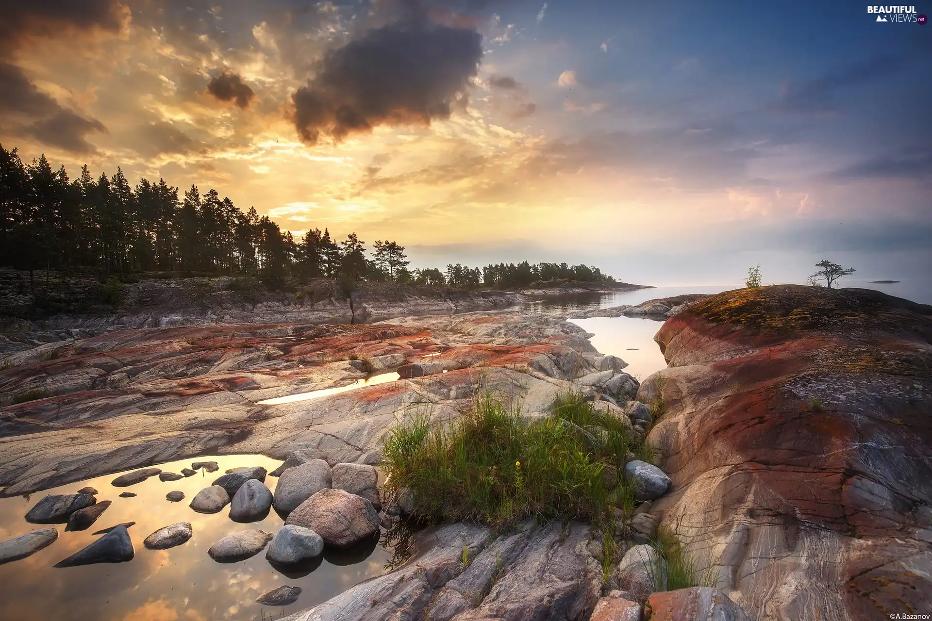 trees, Karelia, Lake Ladoga, clouds, Stones, Russia, Leningrad Oblast, Sunrise, viewes, rocks