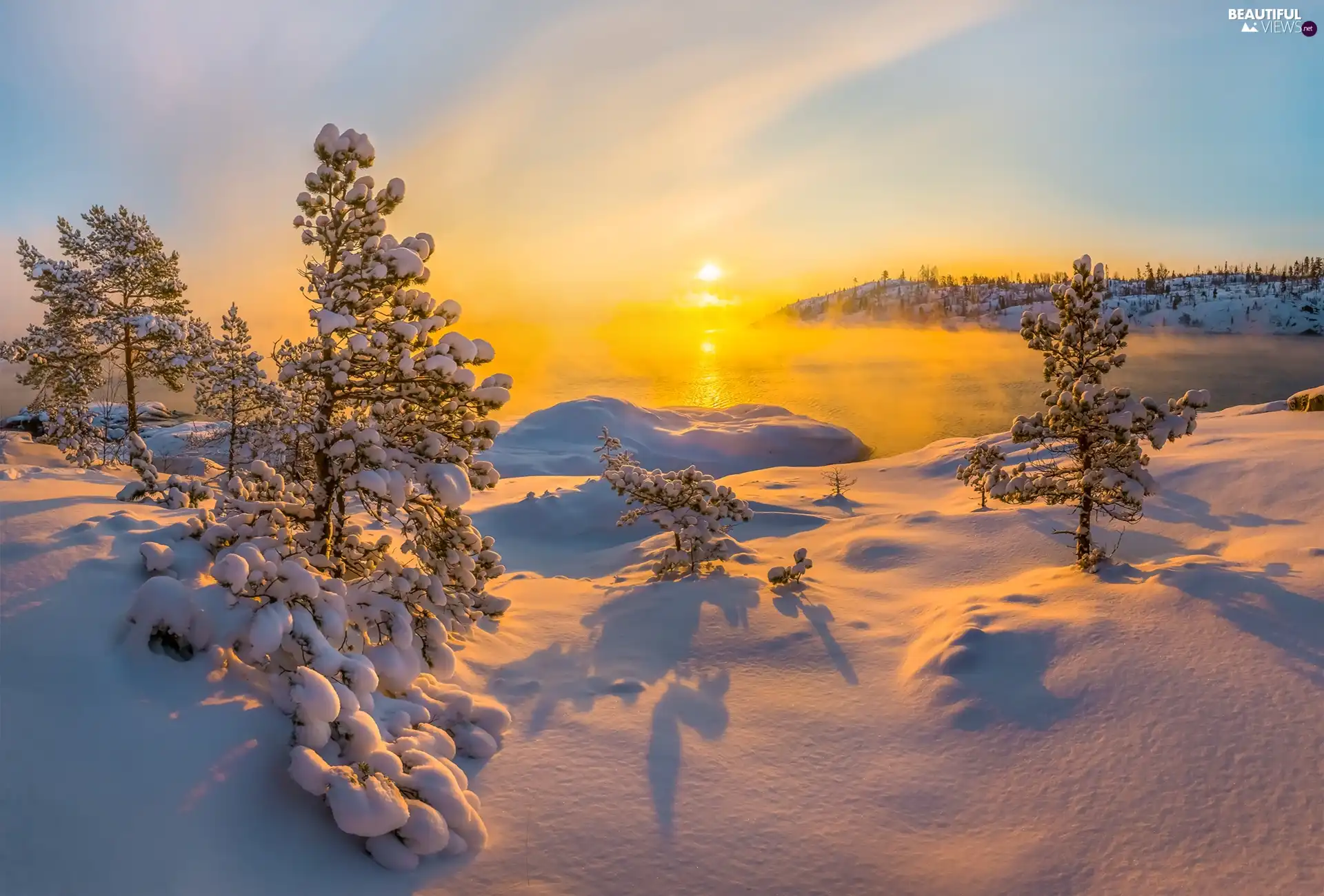 Fog, winter, viewes, Sunrise, trees, lake