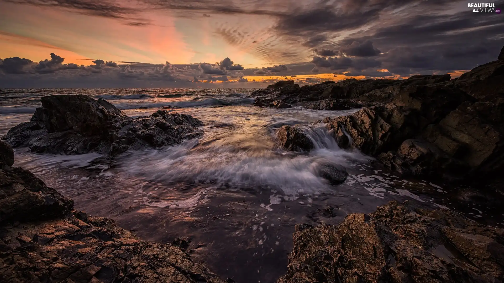 morning, sea, rocks, Sunrise