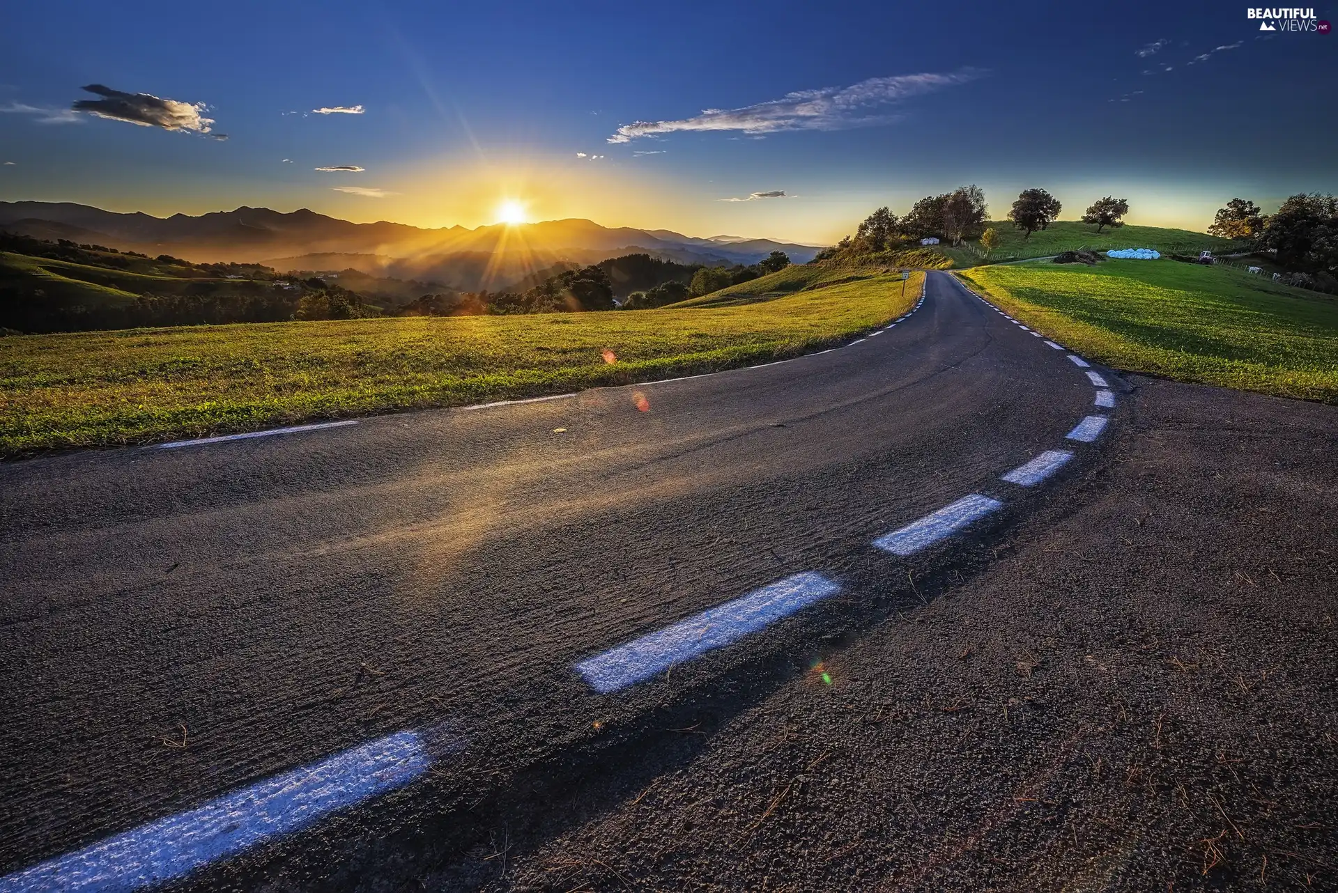 field, Way, morning, Sunrise, The Hills, medows