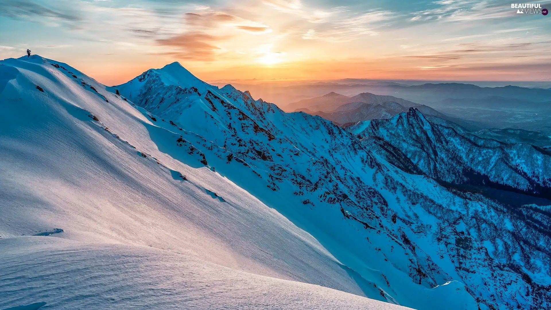 peaks, winter, Human, Sunrise, Fog, Mountains