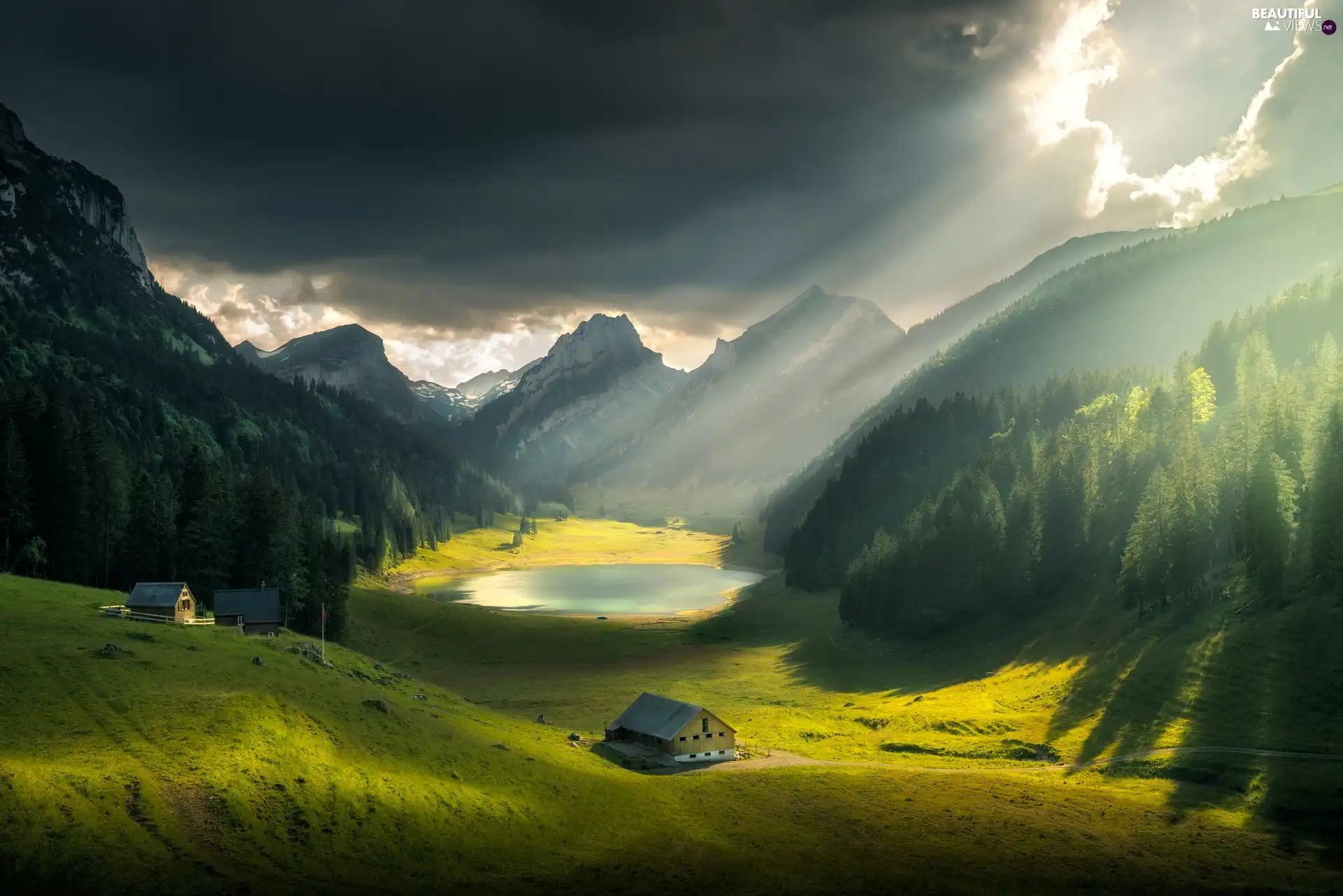 lake, Switzerland, Valley, Sunrise, Houses, Mountains
