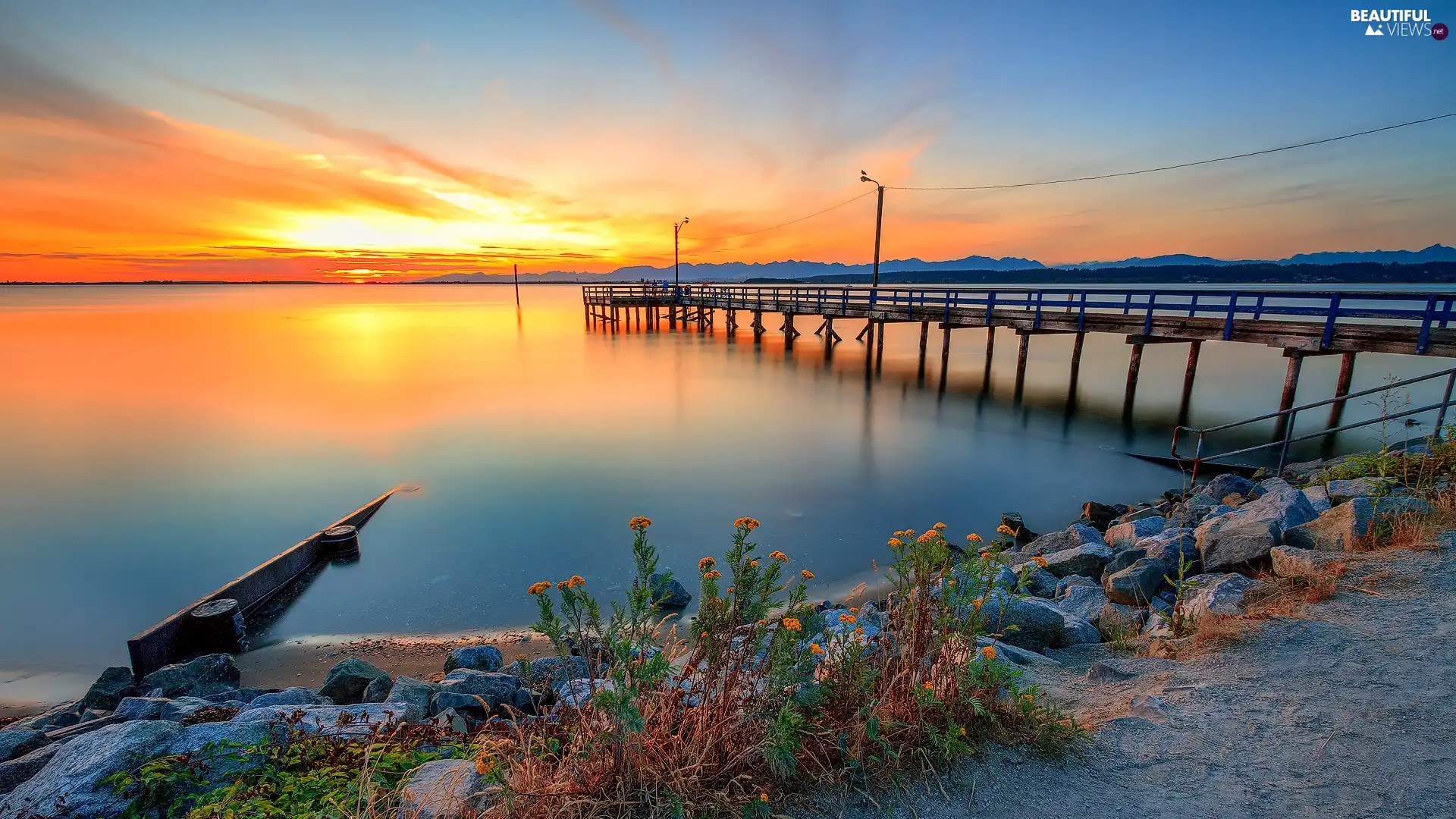 VEGETATION, Sunrise, pier, Stones, lake