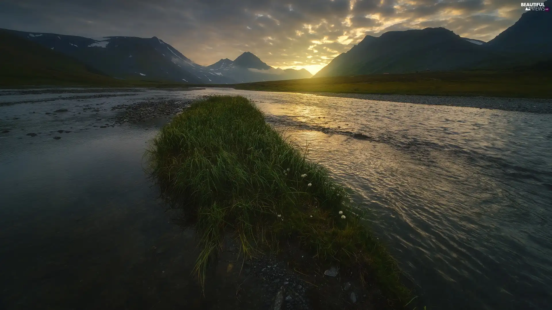 grass, Sunrise, River, Clumps, Mountains