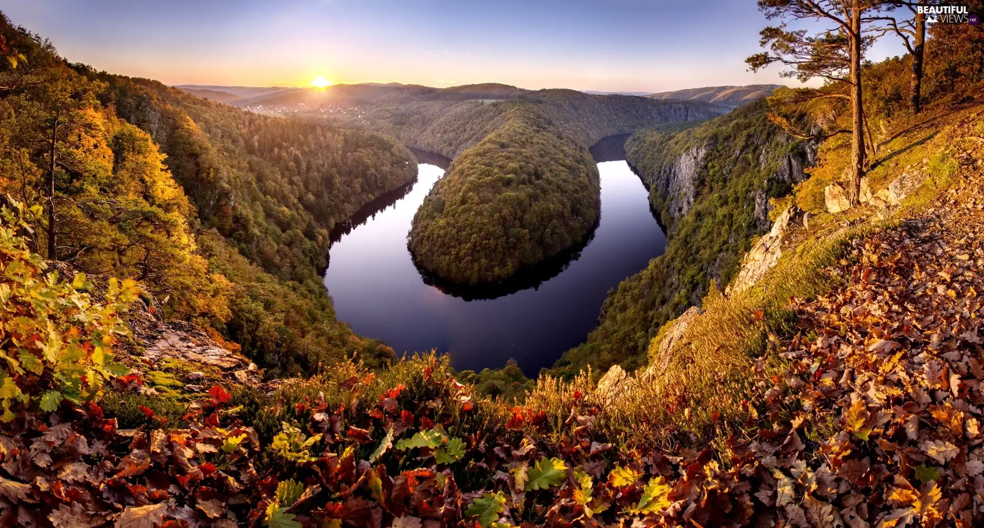 Sunrise, woods, River