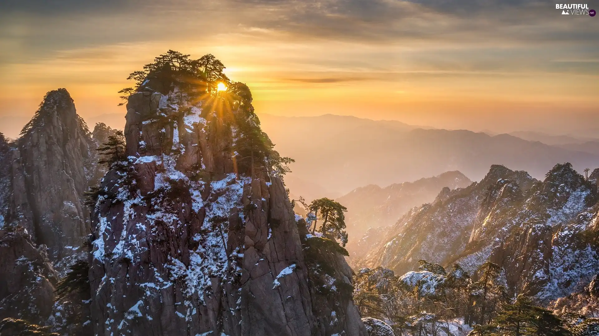 trees, Mountains, Fog, Sunrise, viewes, rocks